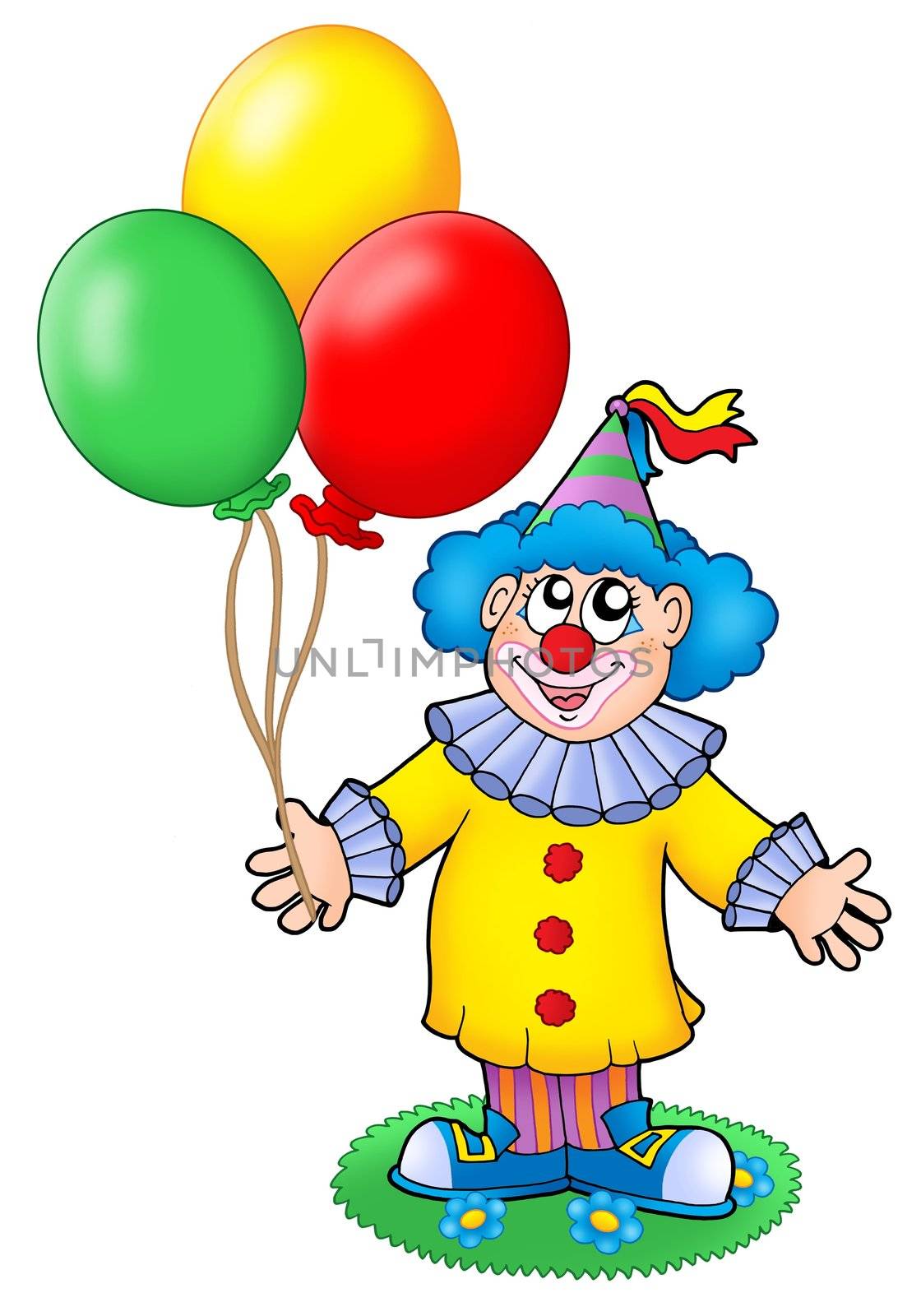 Cute clown with balloons - color illustration.