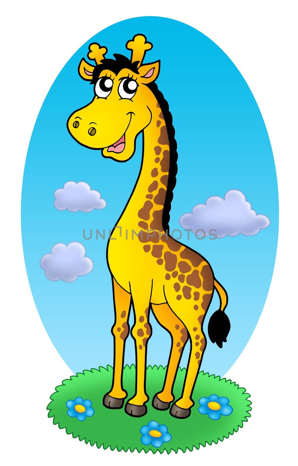 Cute giraffe standing on grass - color illustration.