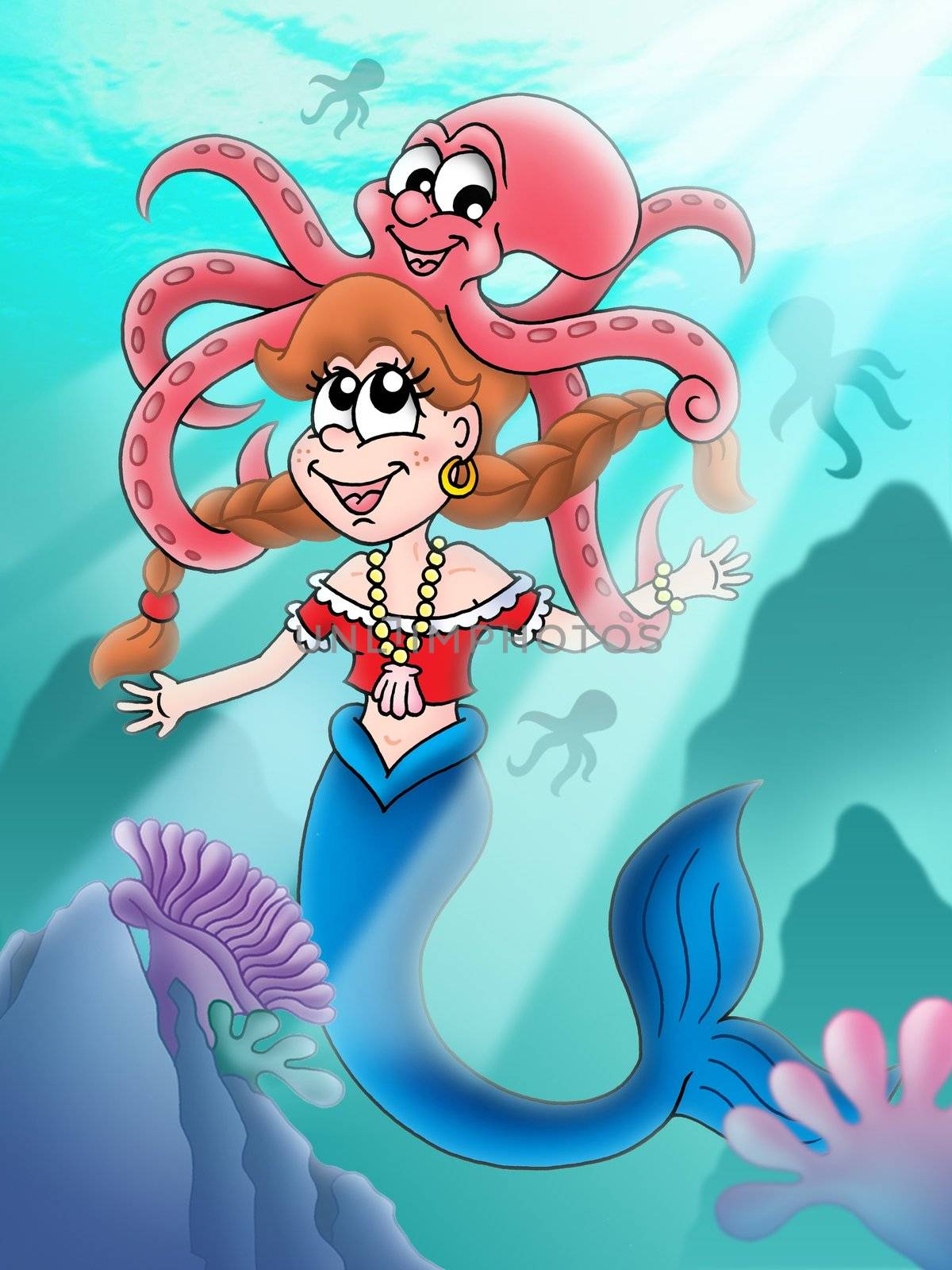 Cute mermaid with octopus - color illustration.