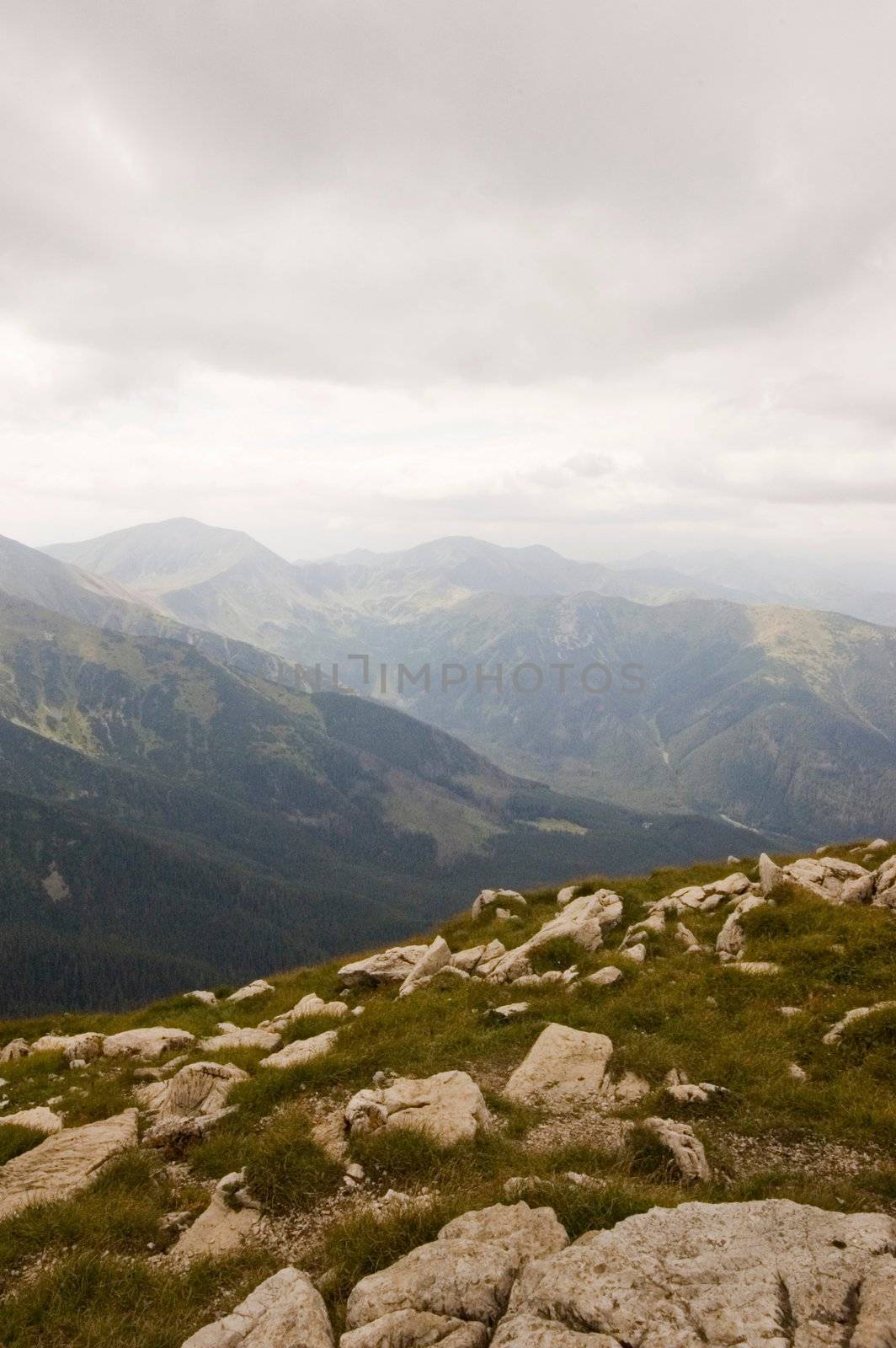 A view of Polish Tatra mountains on an overcast day