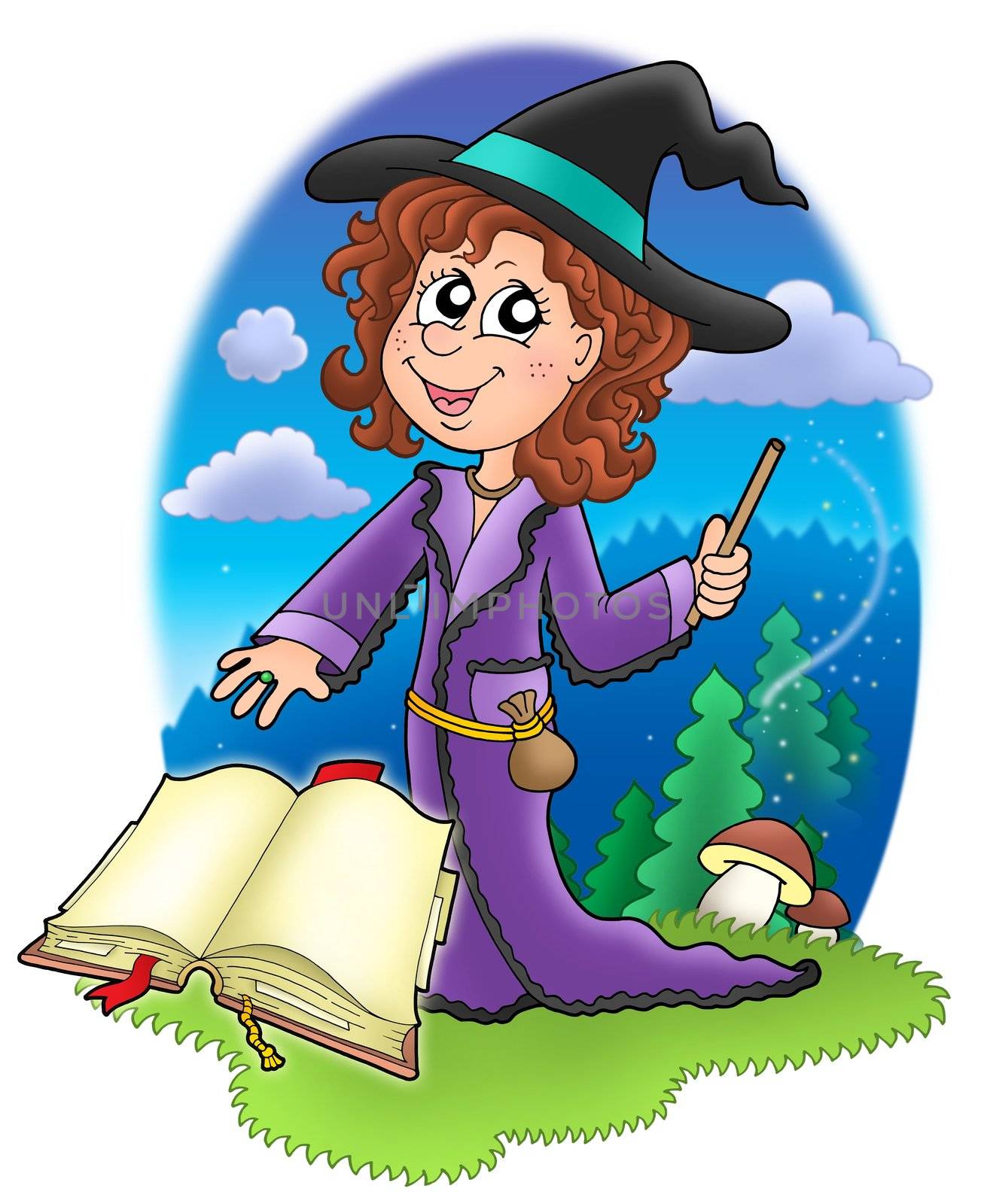 Cute witch with wand and book - color illustration