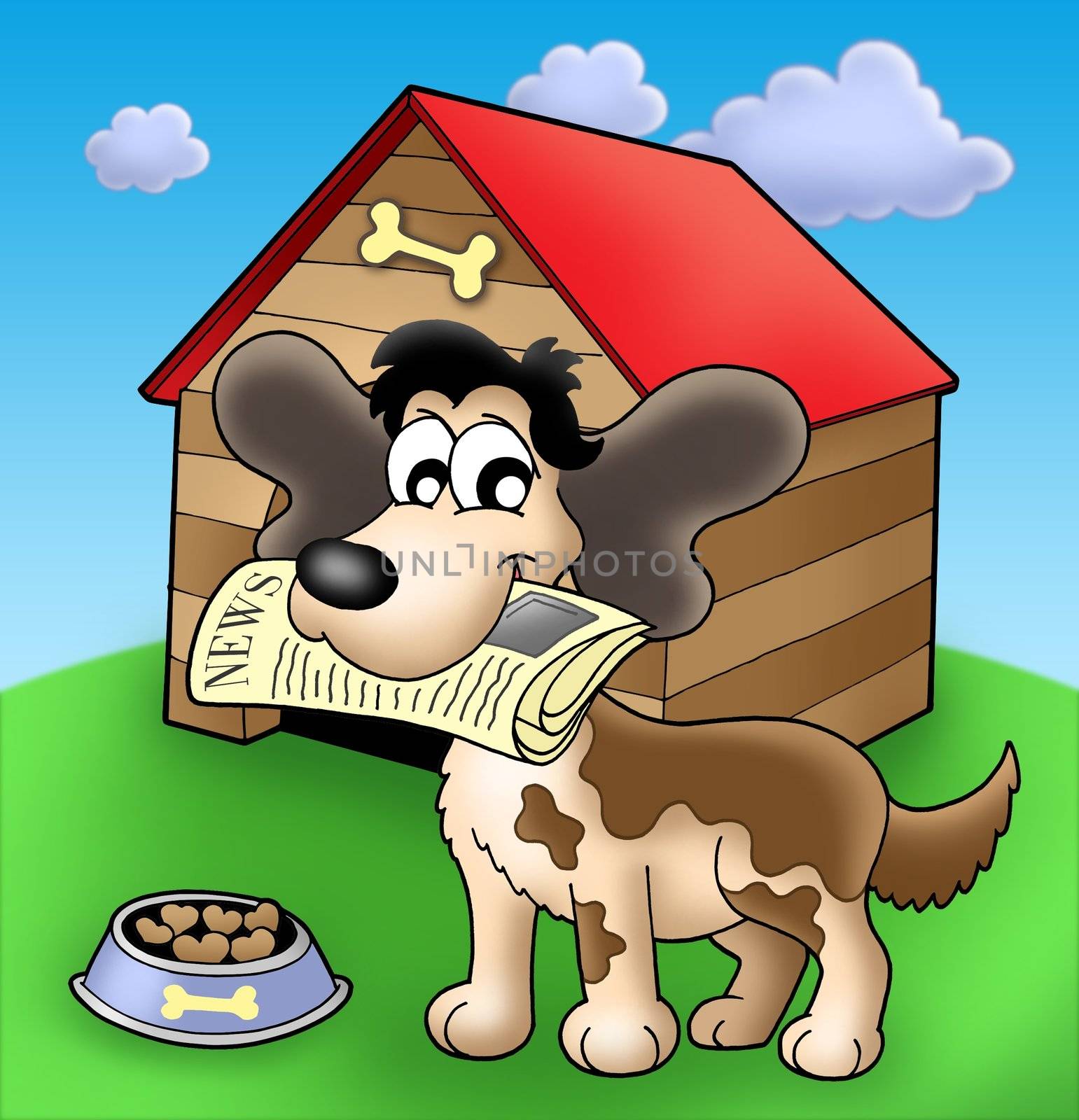 Dog with news in front of kennel - color illustration.