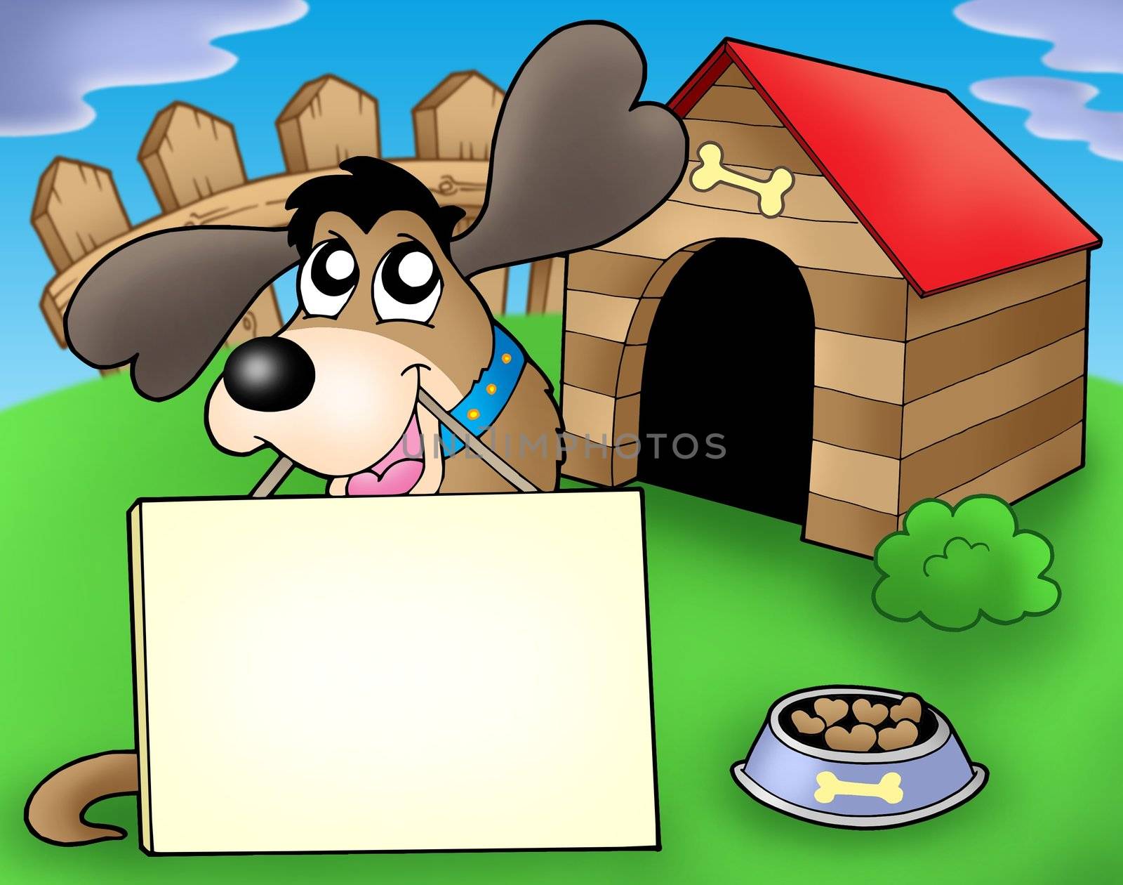 Dog with sign in front of kennel - color illustration.