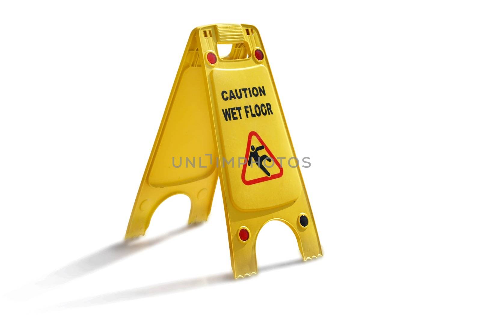Wet Floor Caution Yellow Plastic Sign Isolated on White Background. Be Careful :)