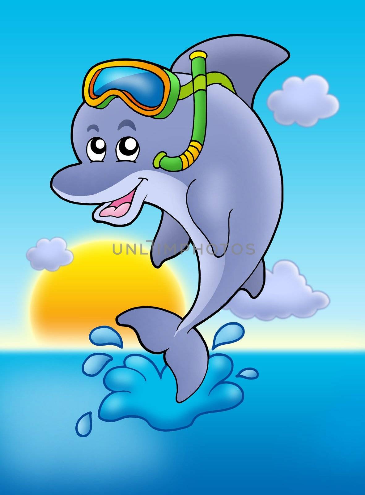 Dolphin snorkel diver with sunset - color illustration.