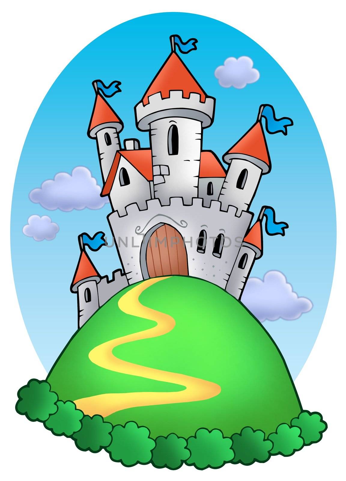 Fairy tale castle with clouds - color illustration.