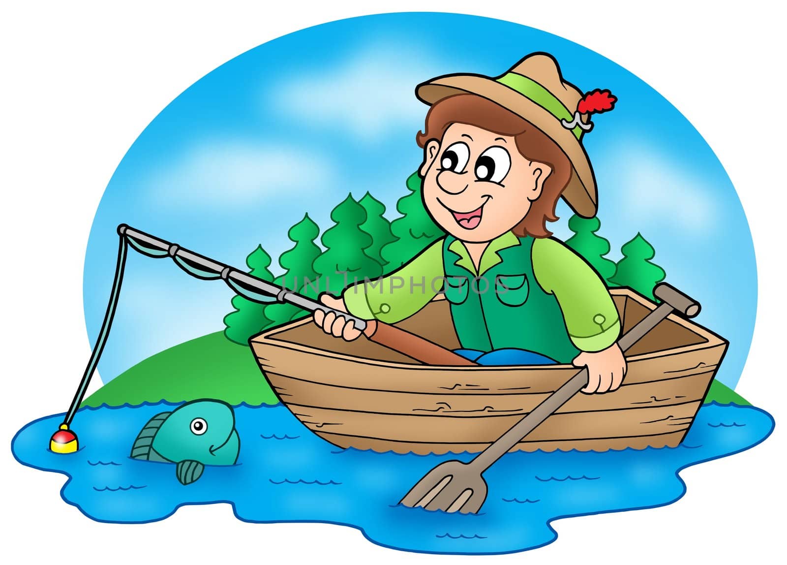Fisherman in boat with trees - color illustration.