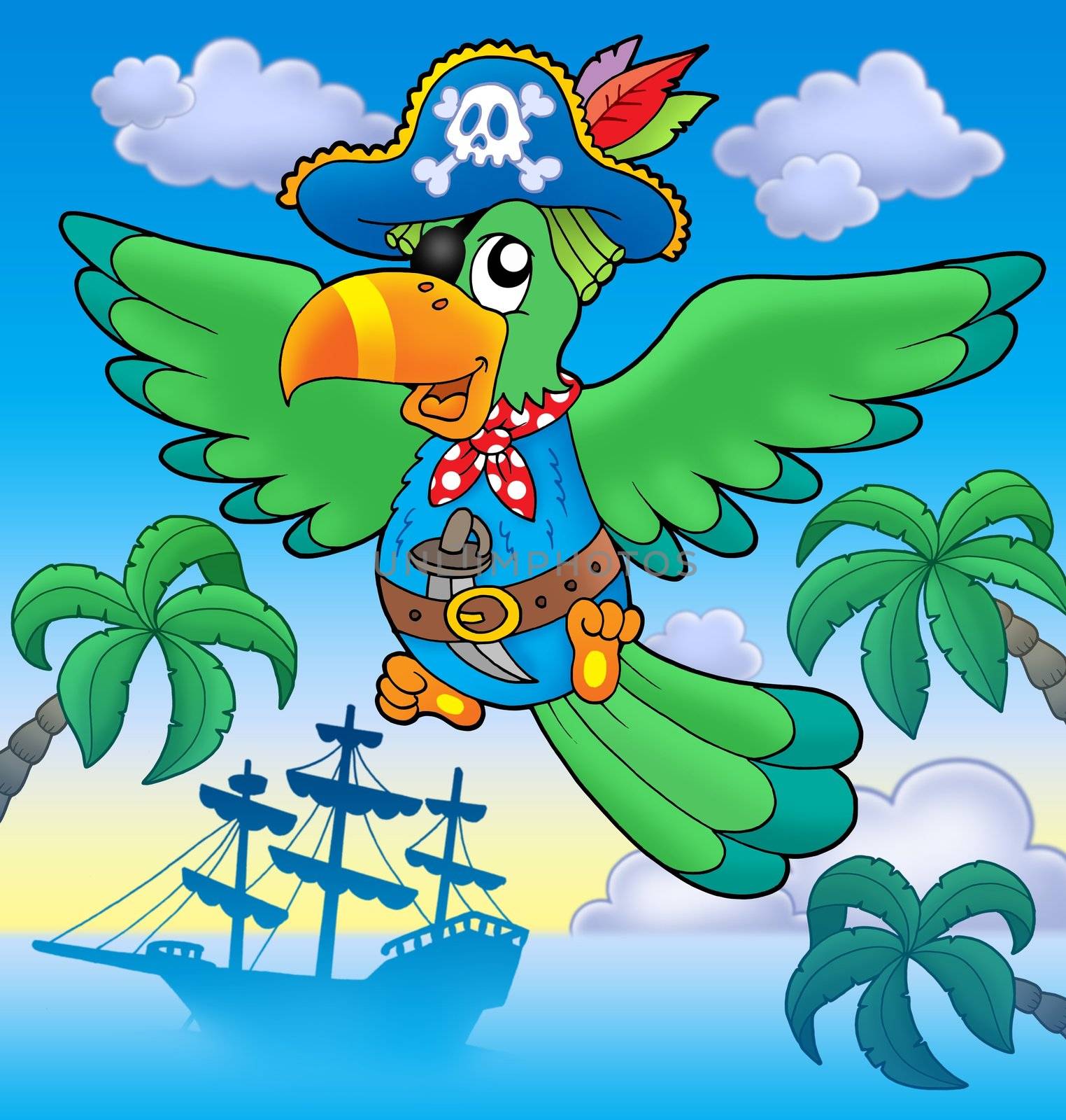 Flying pirate parrot with boat - color illustration.