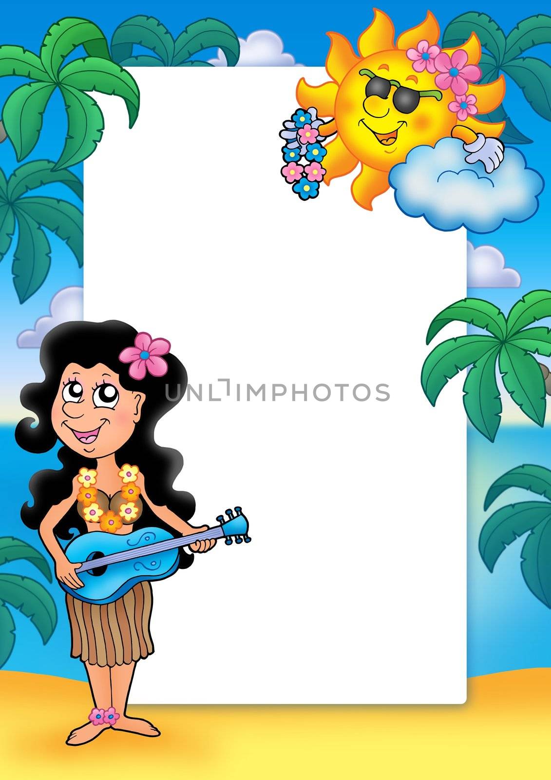 Frame with Hawaiian girl - color illustration.