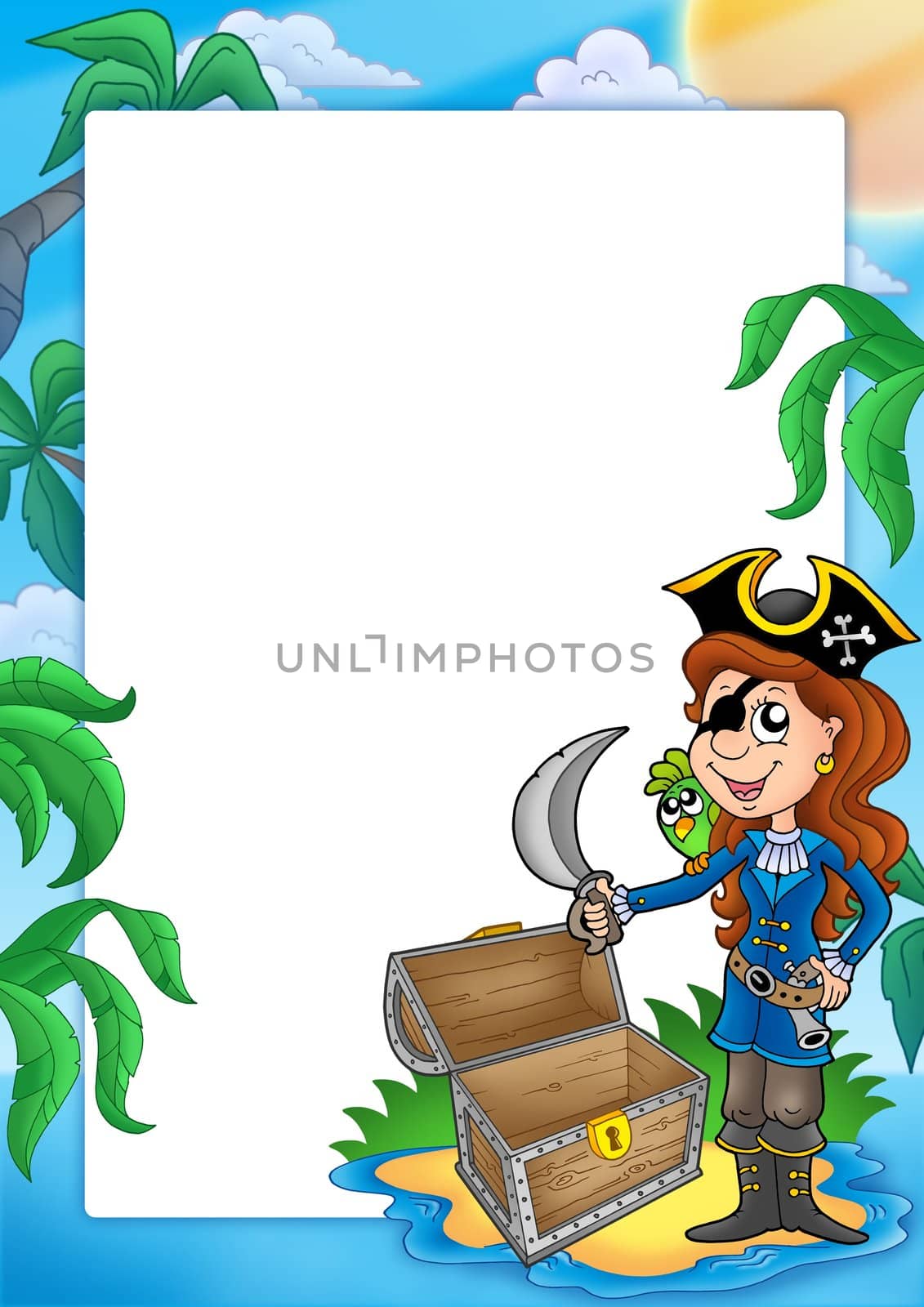 Frame with pirate girl on beach - color illustration.