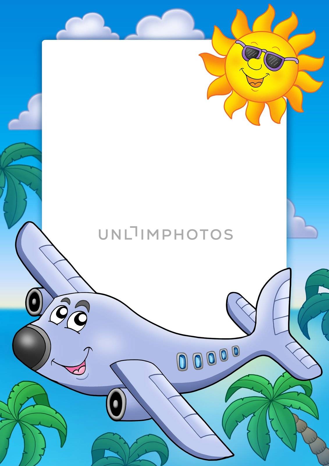 Frame with Sun and airplane - color illustration.