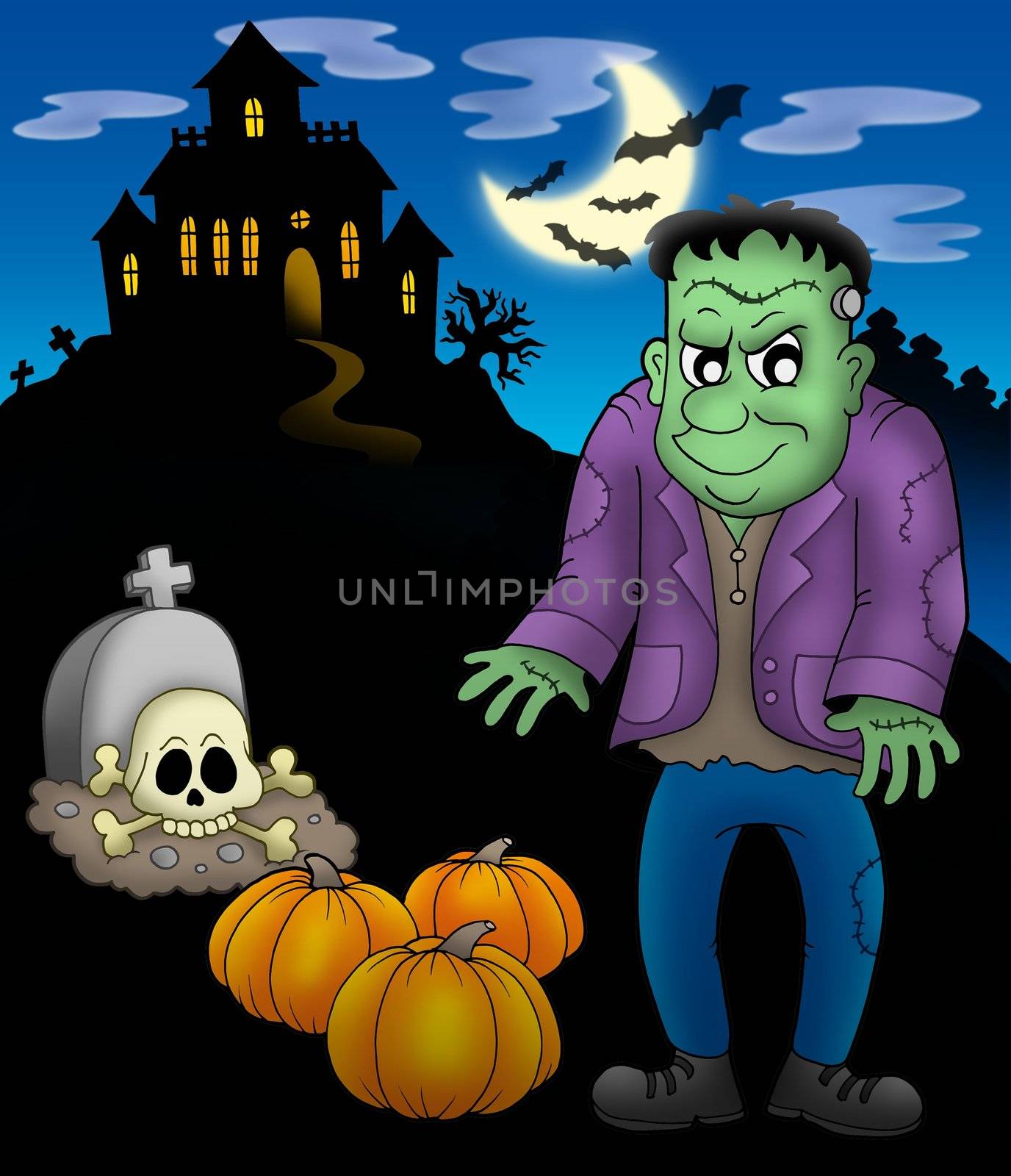 Frankenstein with haunted mansion - color illustration.