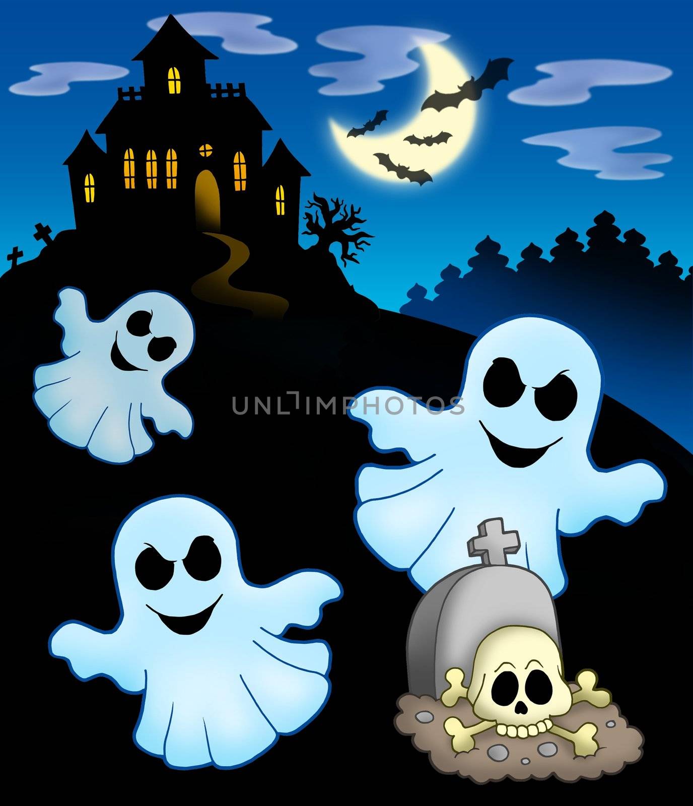 Ghosts with haunted house - color illustration.