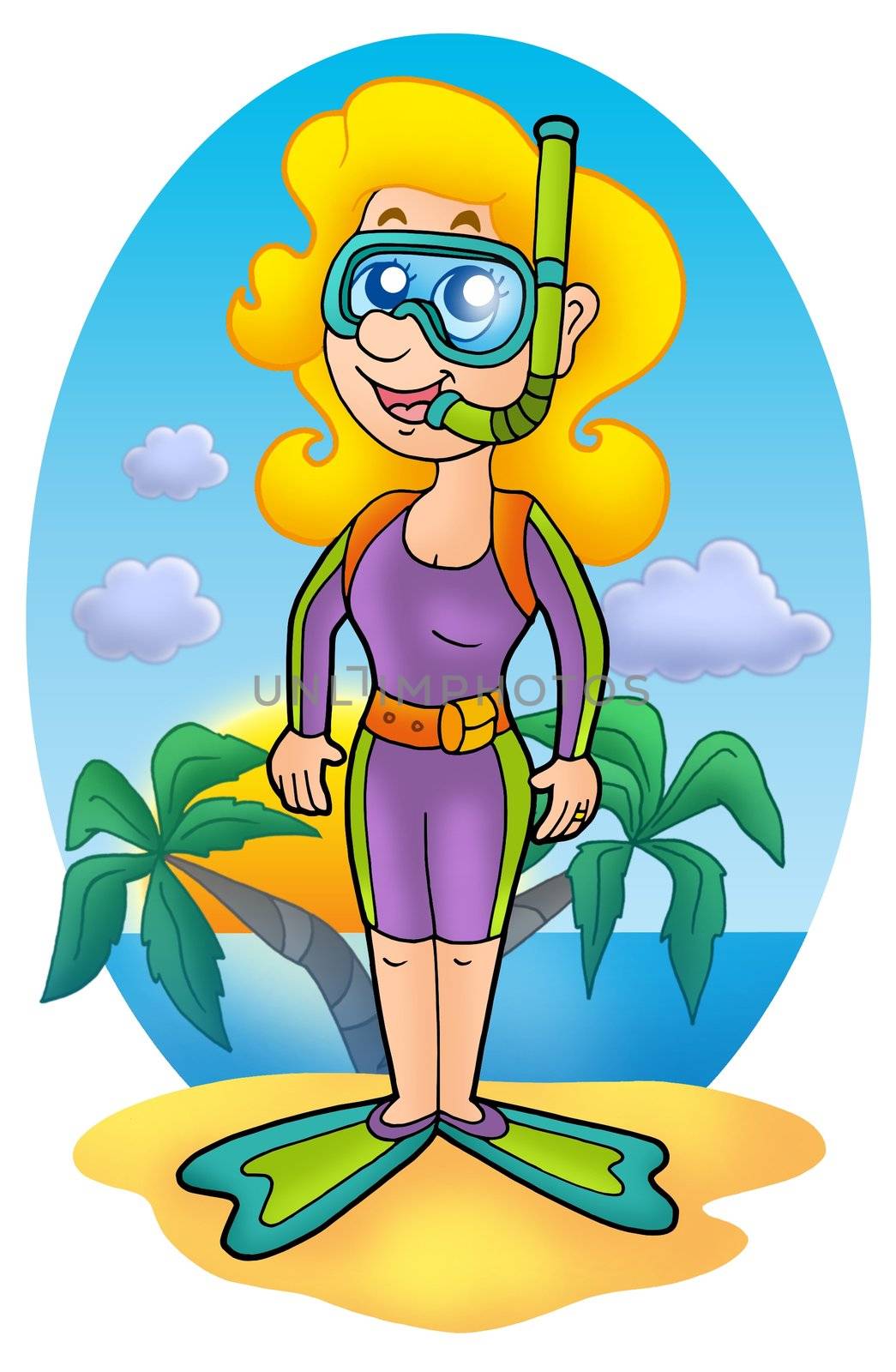 Girl snokel diver on beach - color illustration.