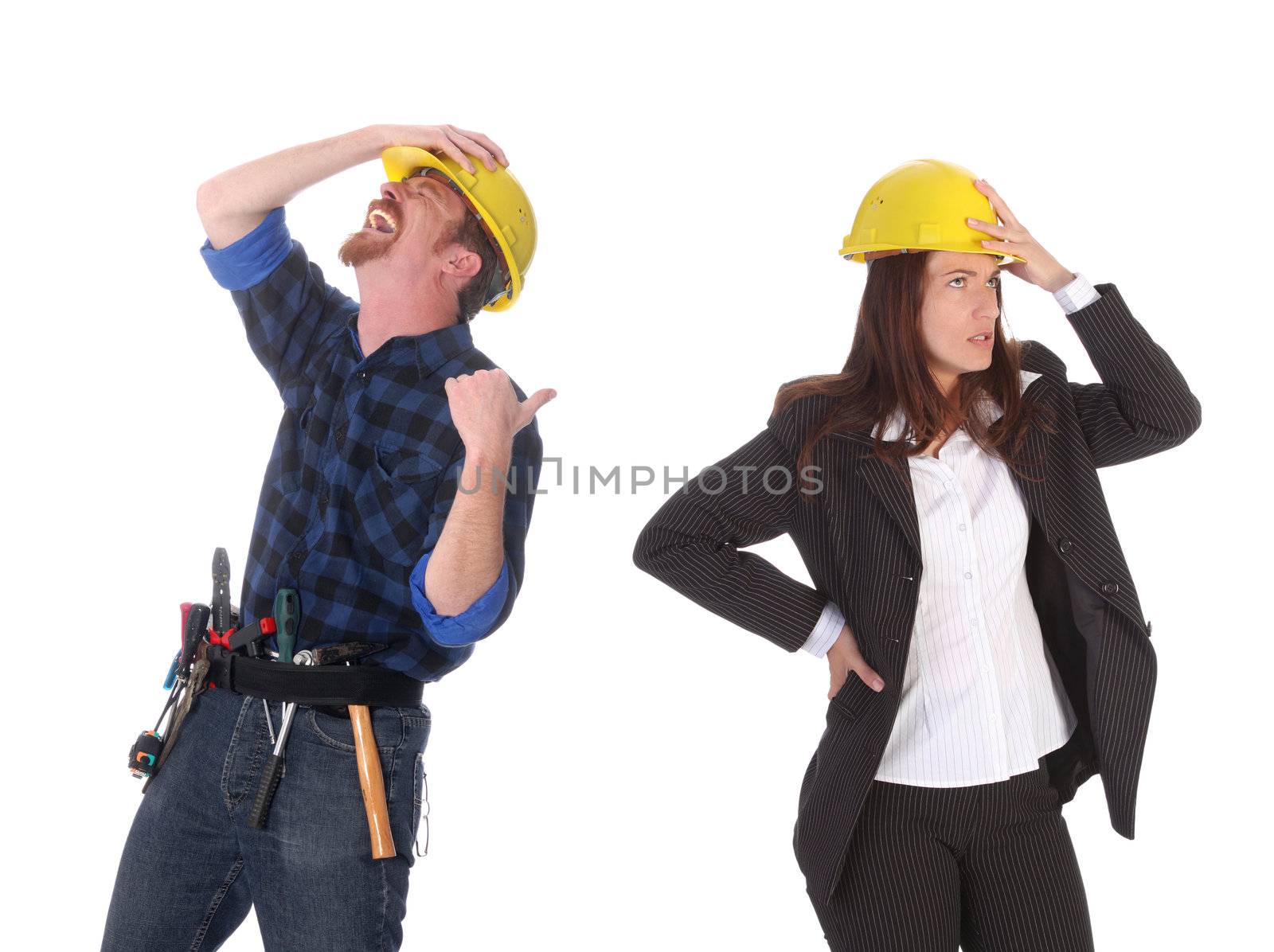 construction worker tittering and angry businesswoman on white background