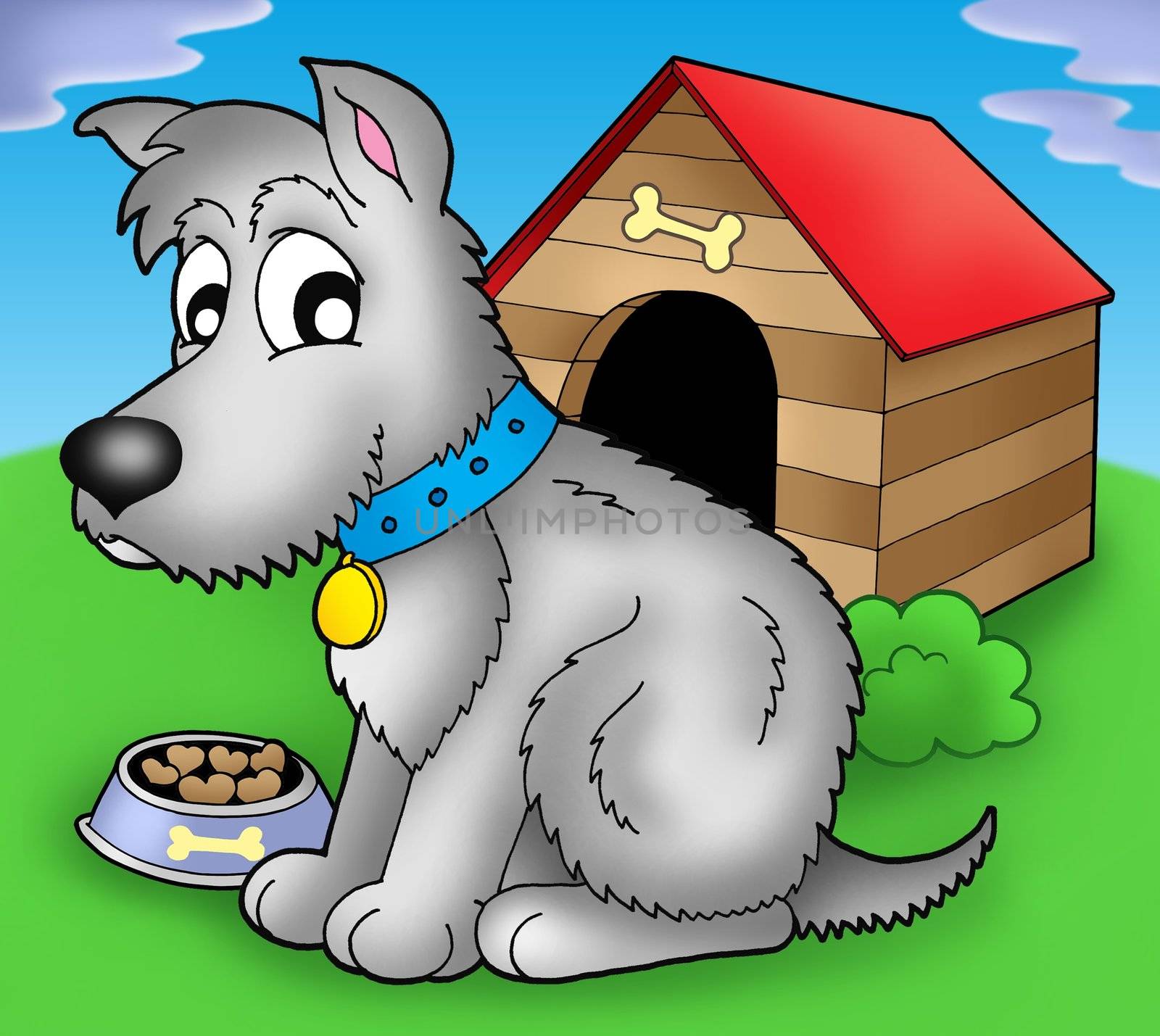 Grey dog in front of kennel - color illustration.