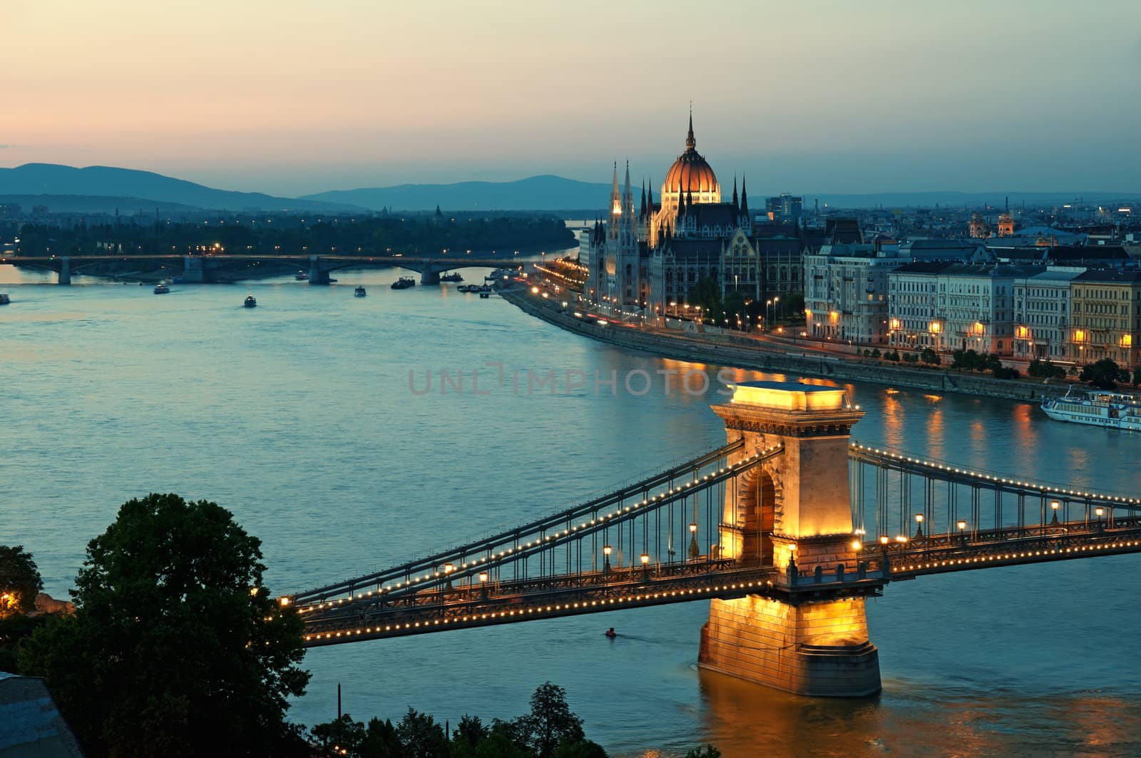 View of Chain Bridge, Hungarian Parliament and River Danube form Buda Castle.