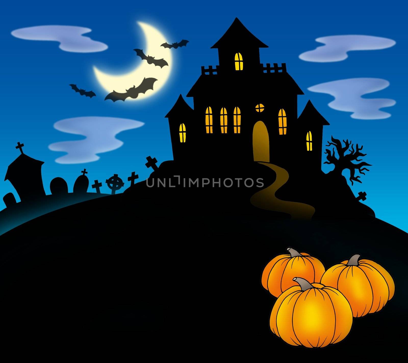 Haunted house with pumpkins - color illustration.