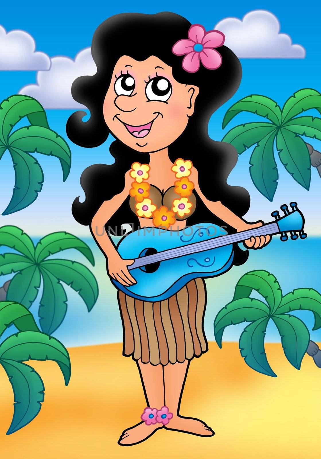 Hawaiian musician girl on beach - color illustration.