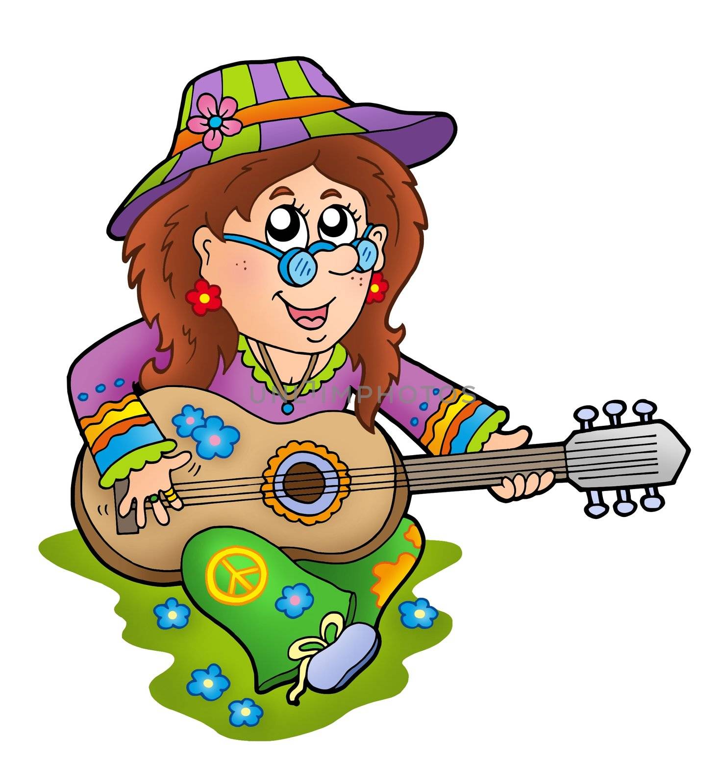 Hippie guitar player outdoor - color illustration.