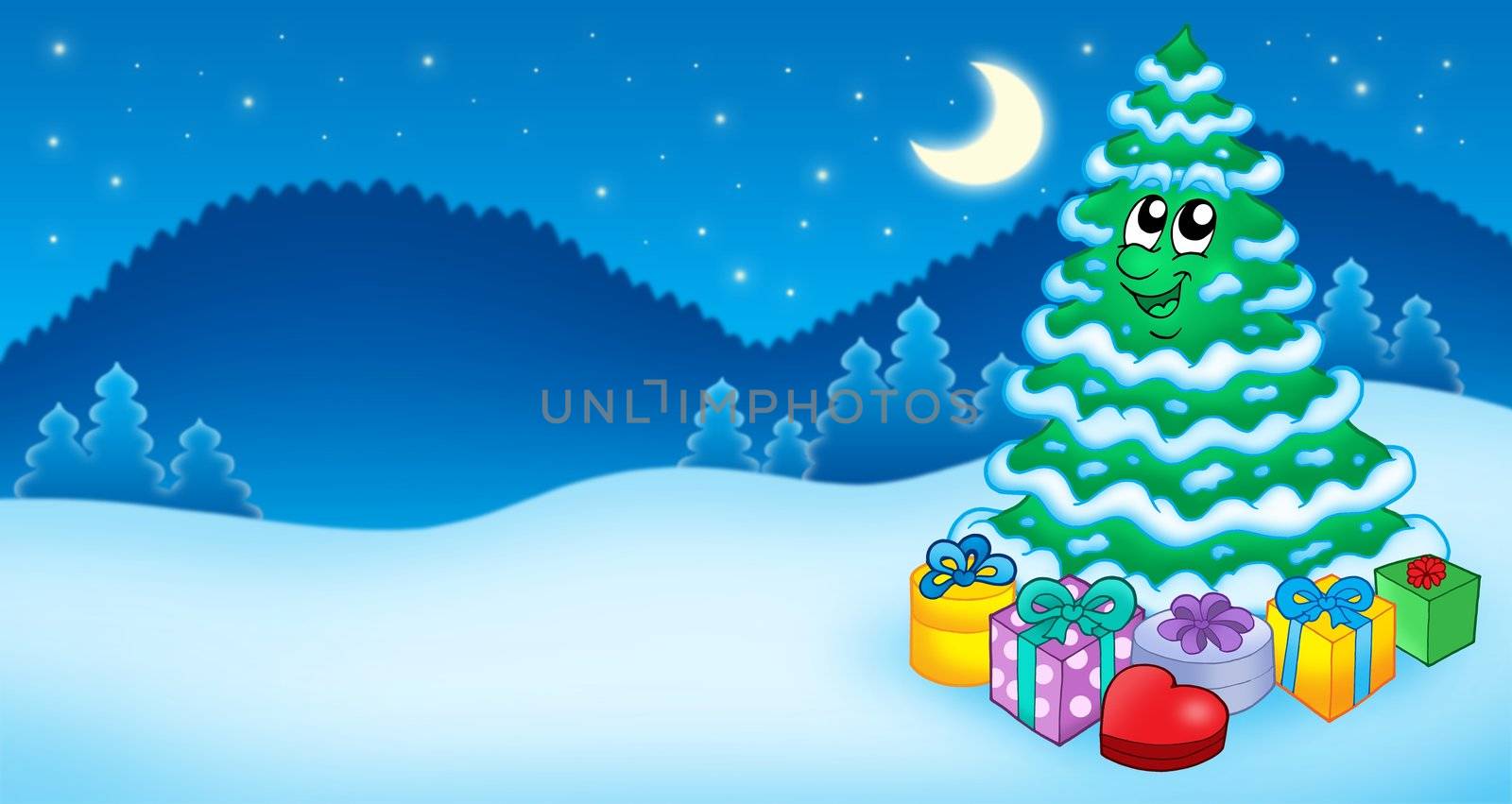 Christmas card with tree and gifts - color illustration.