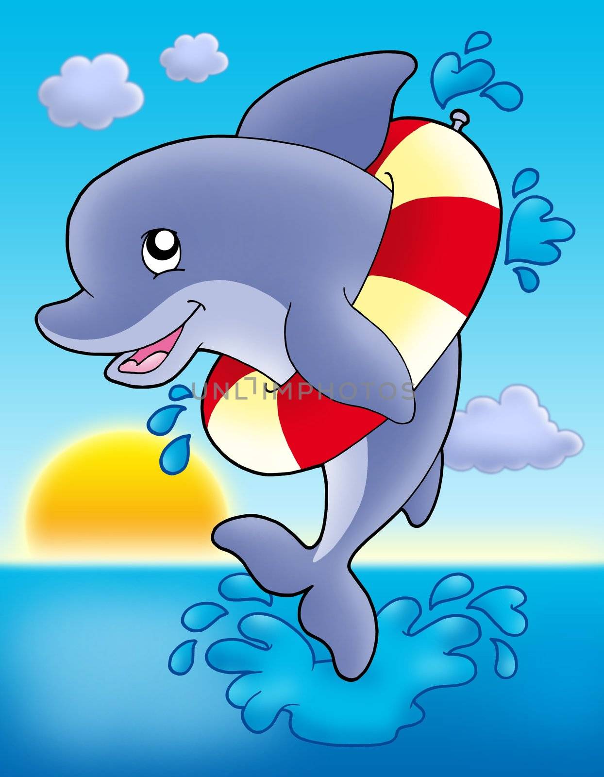 Jumping dolphin with inflatable ring - color illustration.