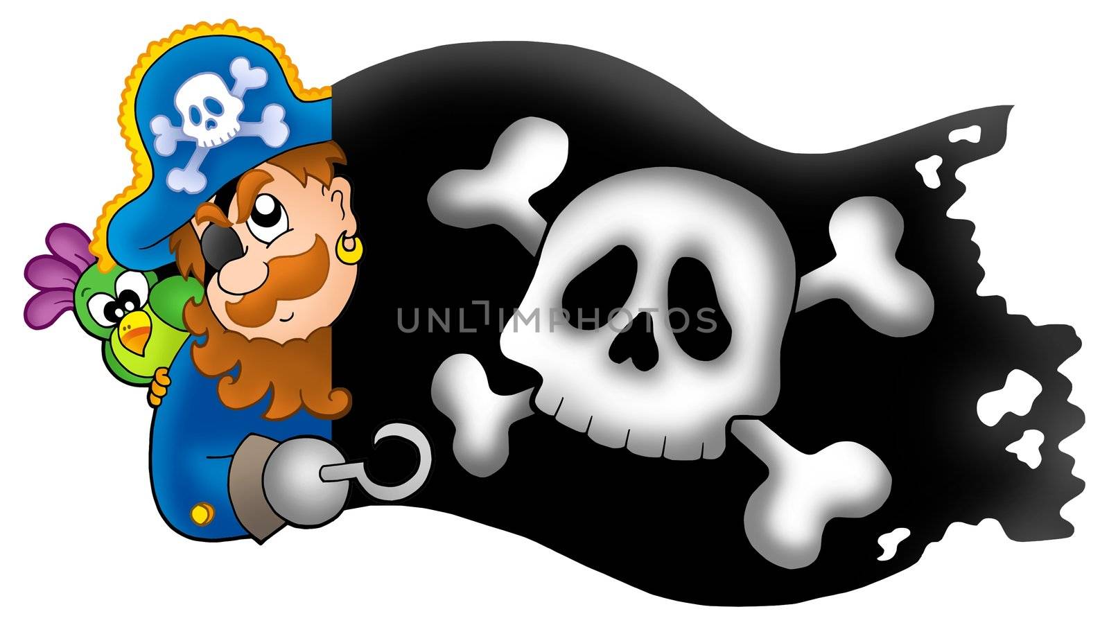Lurking pirate with banner - color illustration.