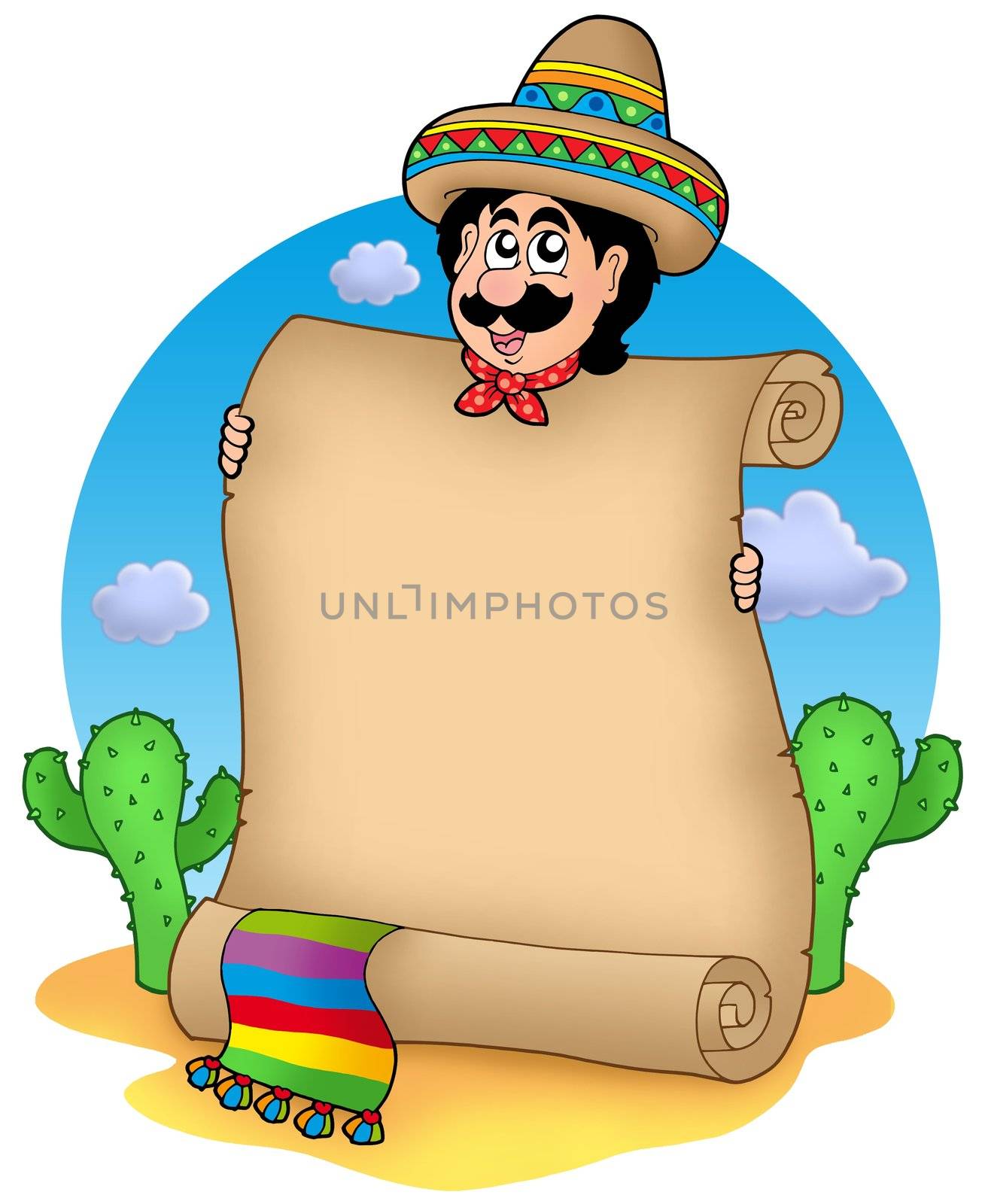 Mexican man with scroll in desert - color illustration.