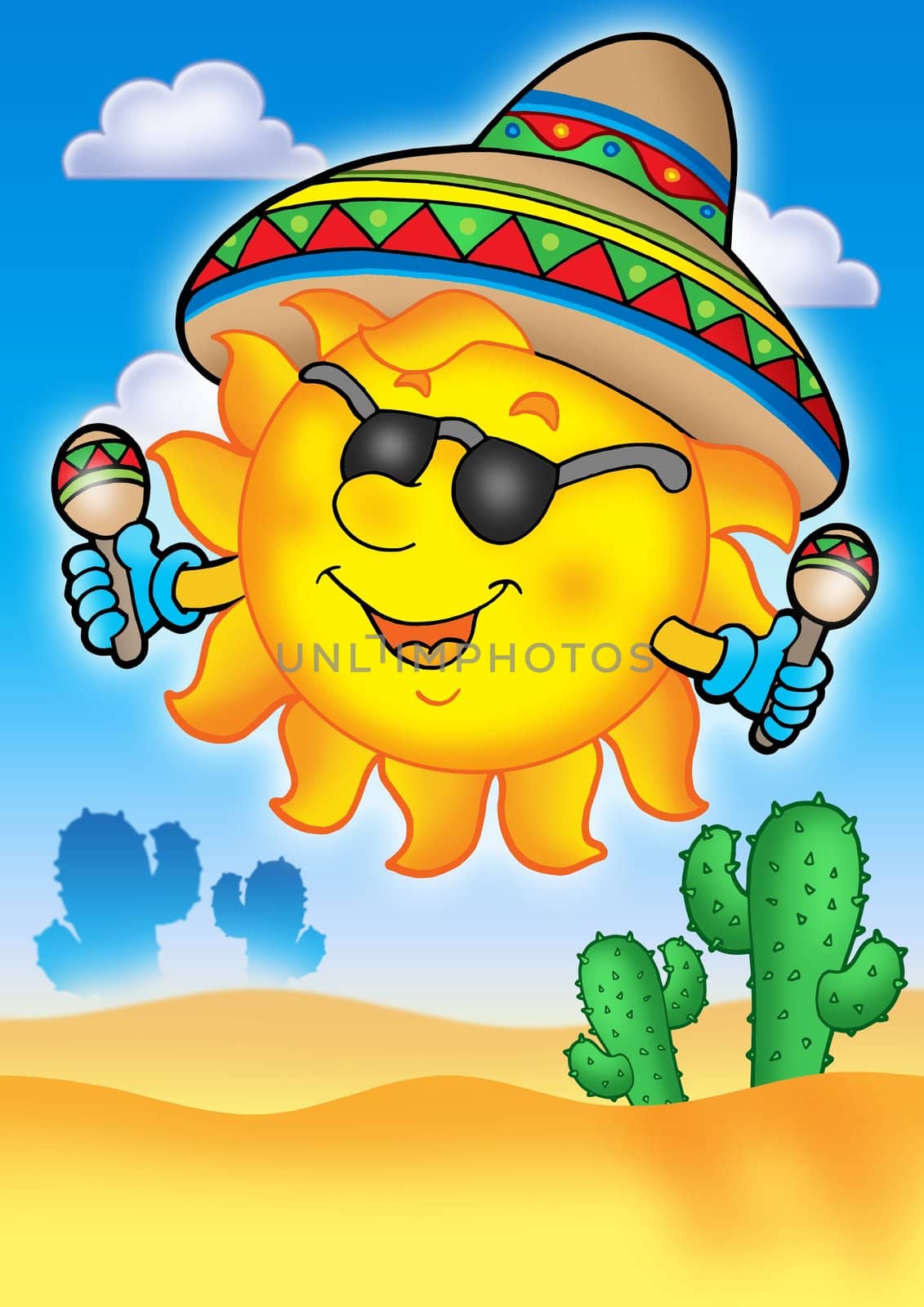 Mexican sun on blue sky - color illustration.
