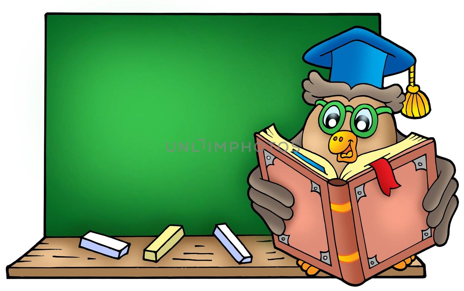 Owl teacher reading book on blackboard by clairev