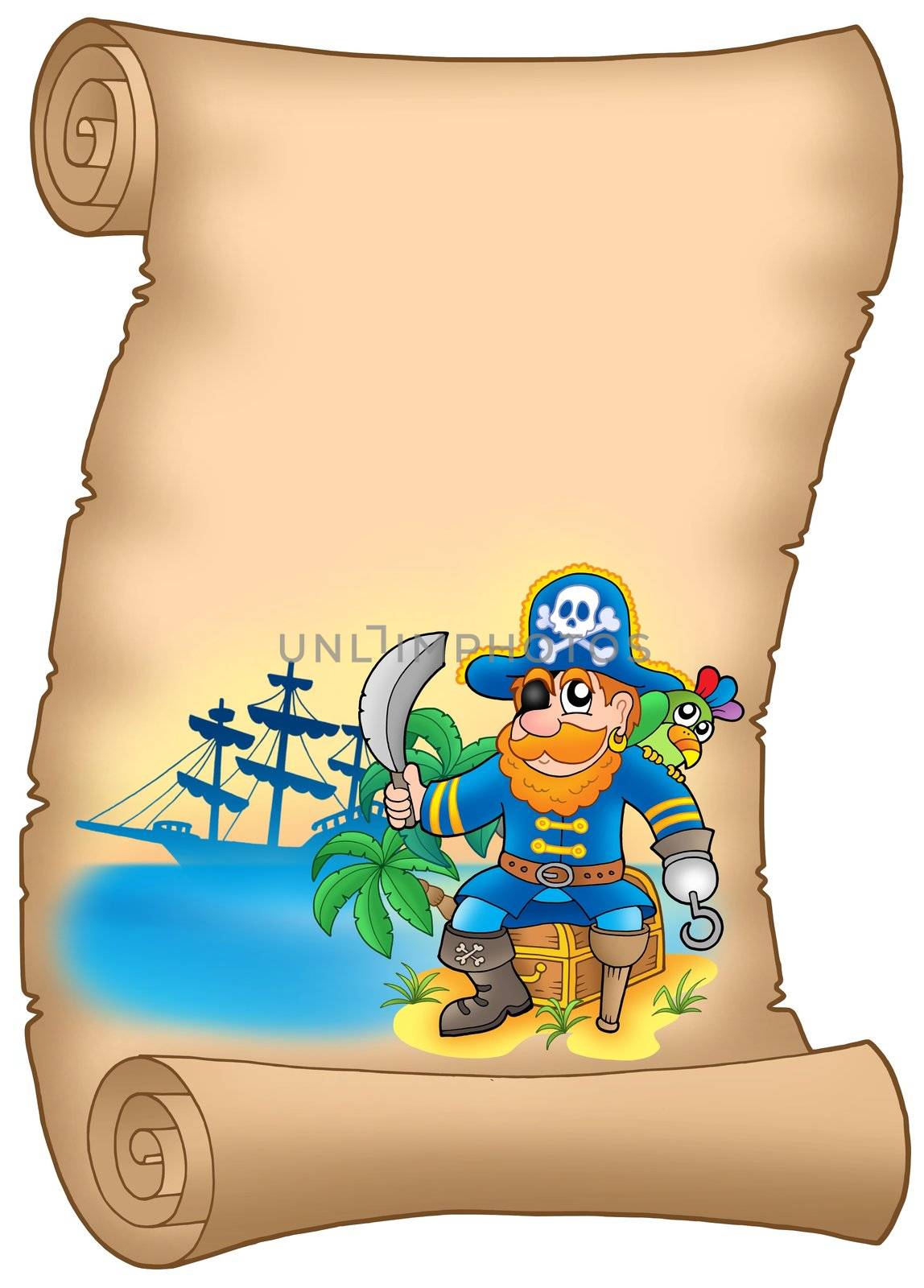 Parchment with sitting pirate - color illustration.