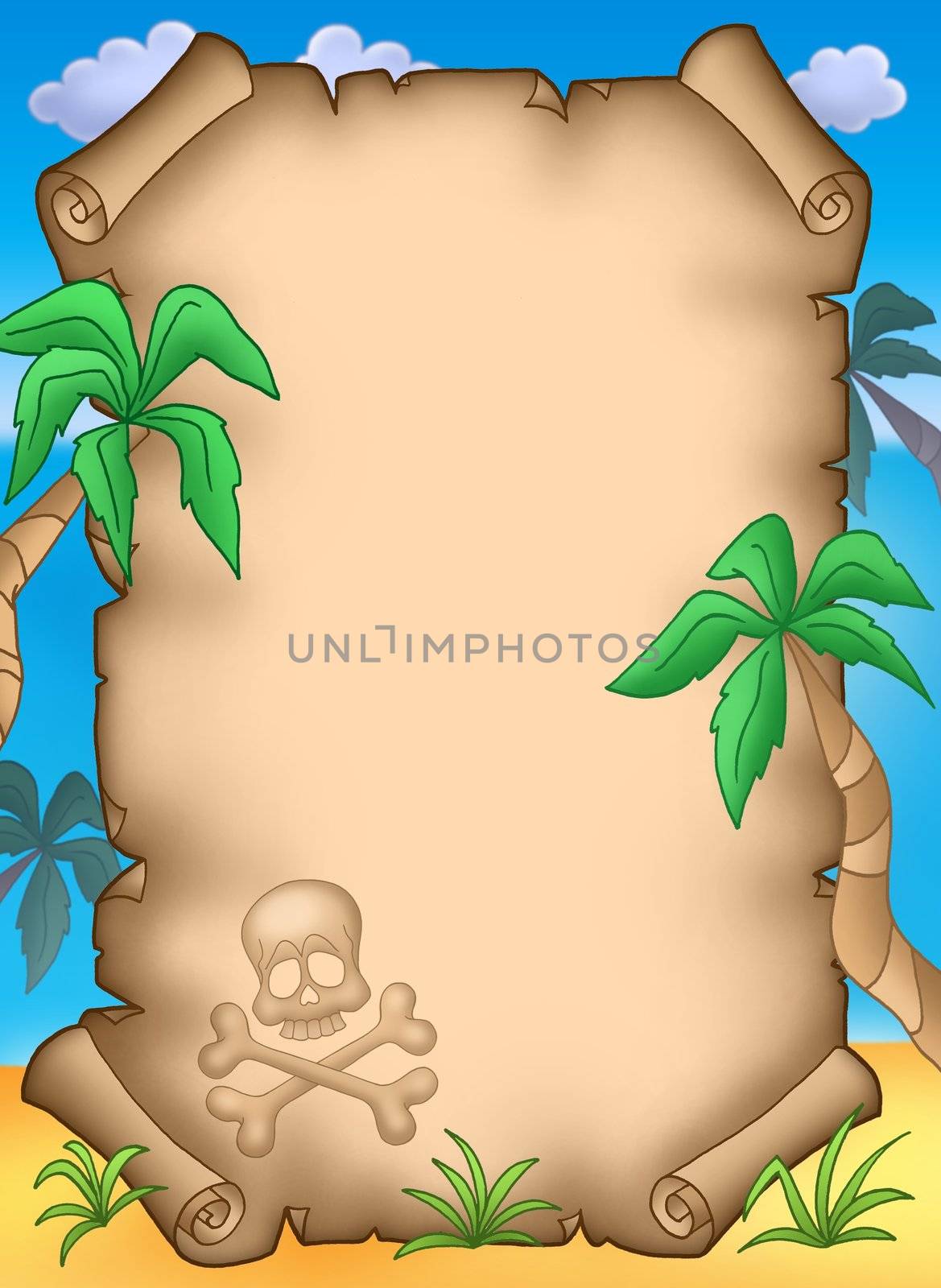 Pirate parchment with palms - color illustration.