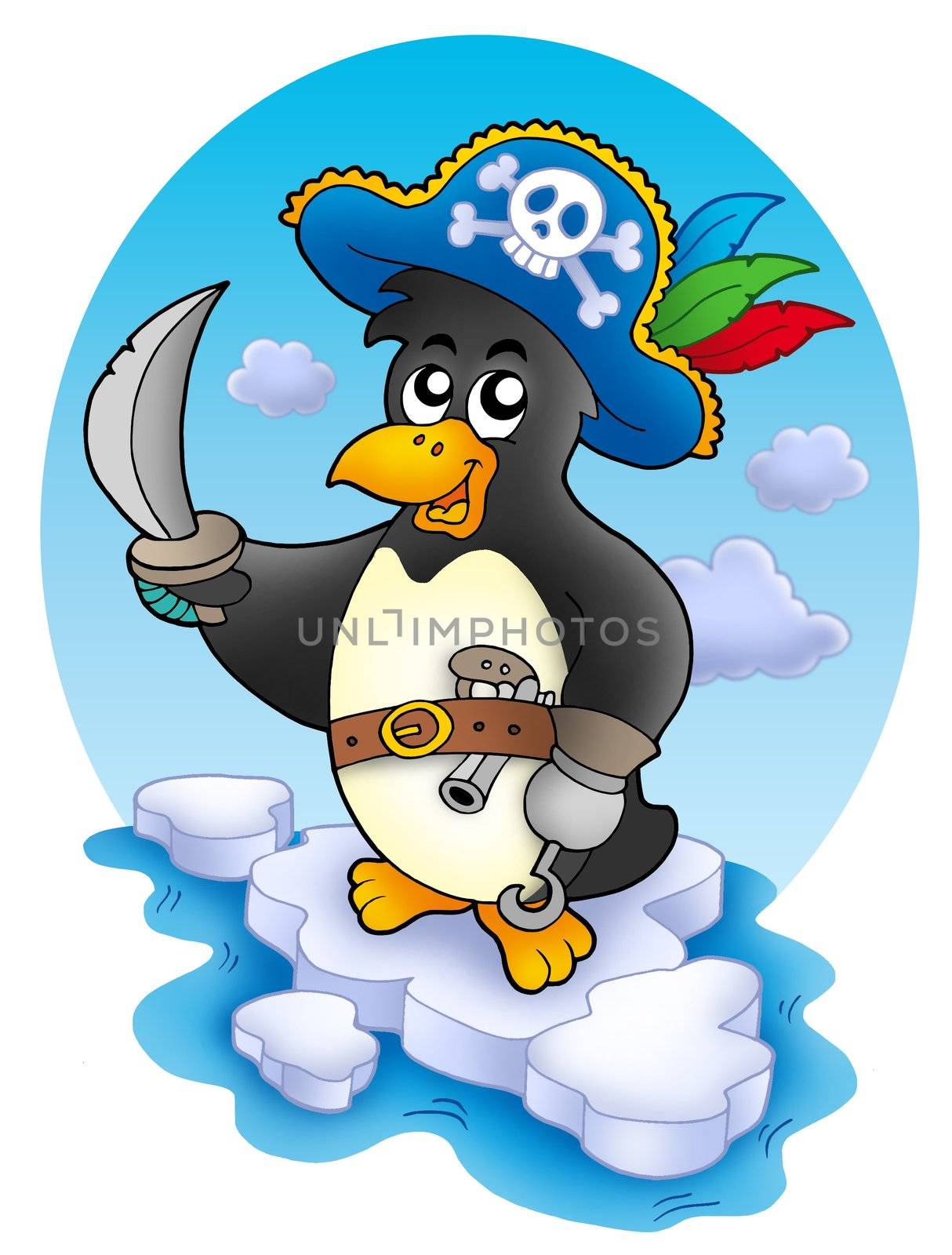 Pirate penguin on iceberg - color illustration.