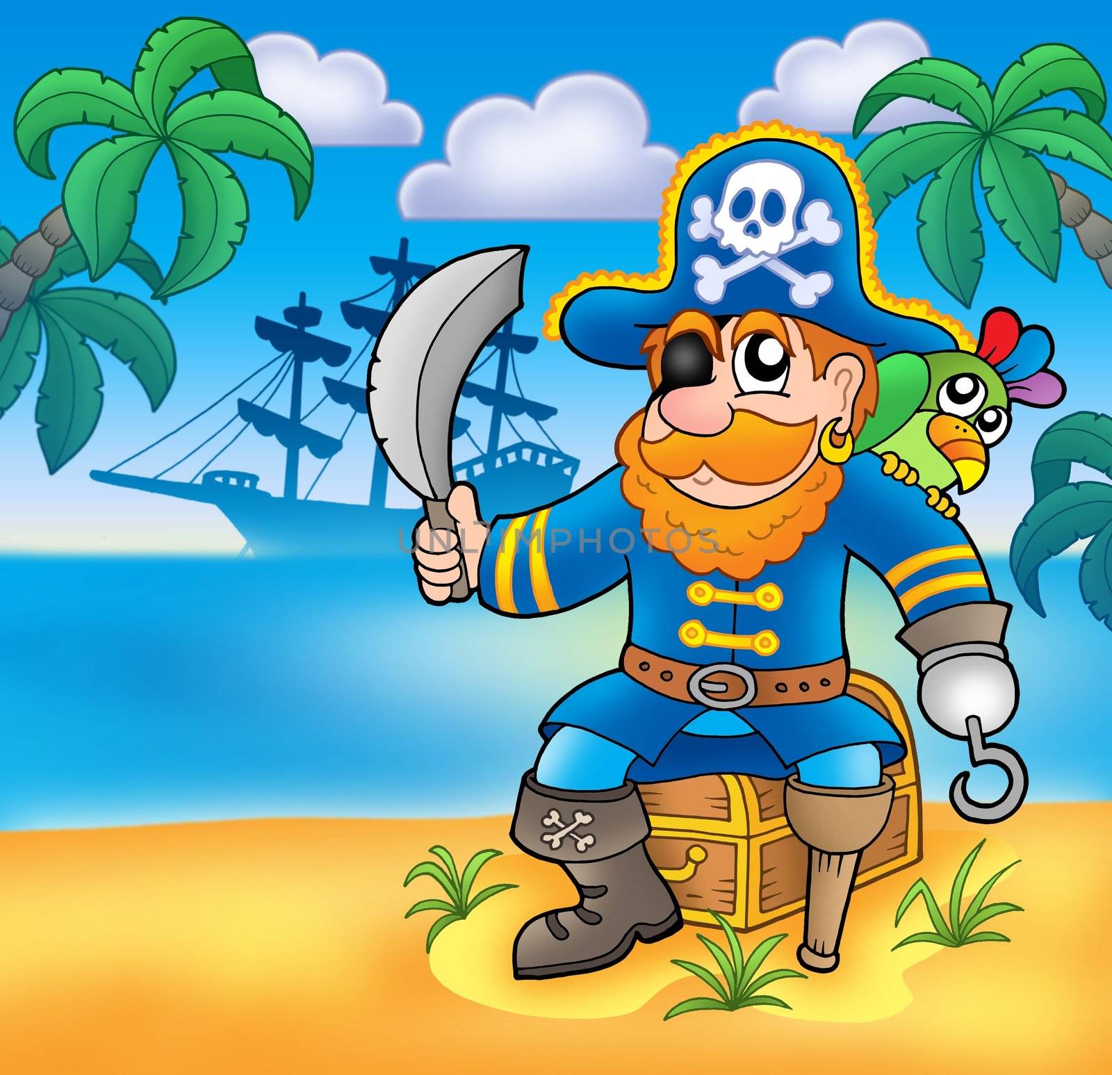 Pirate sitting on chest with ship - color illustration.