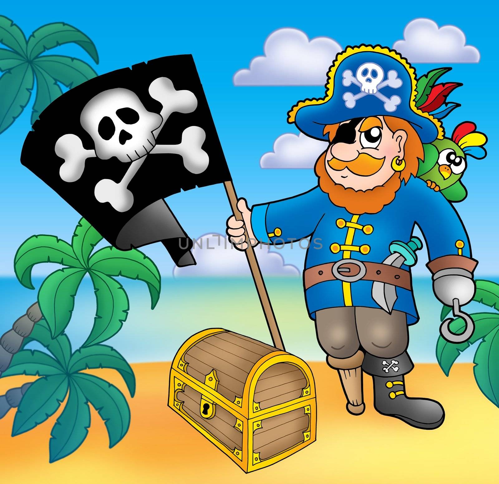 Pirate with flag on beach - color illustration.