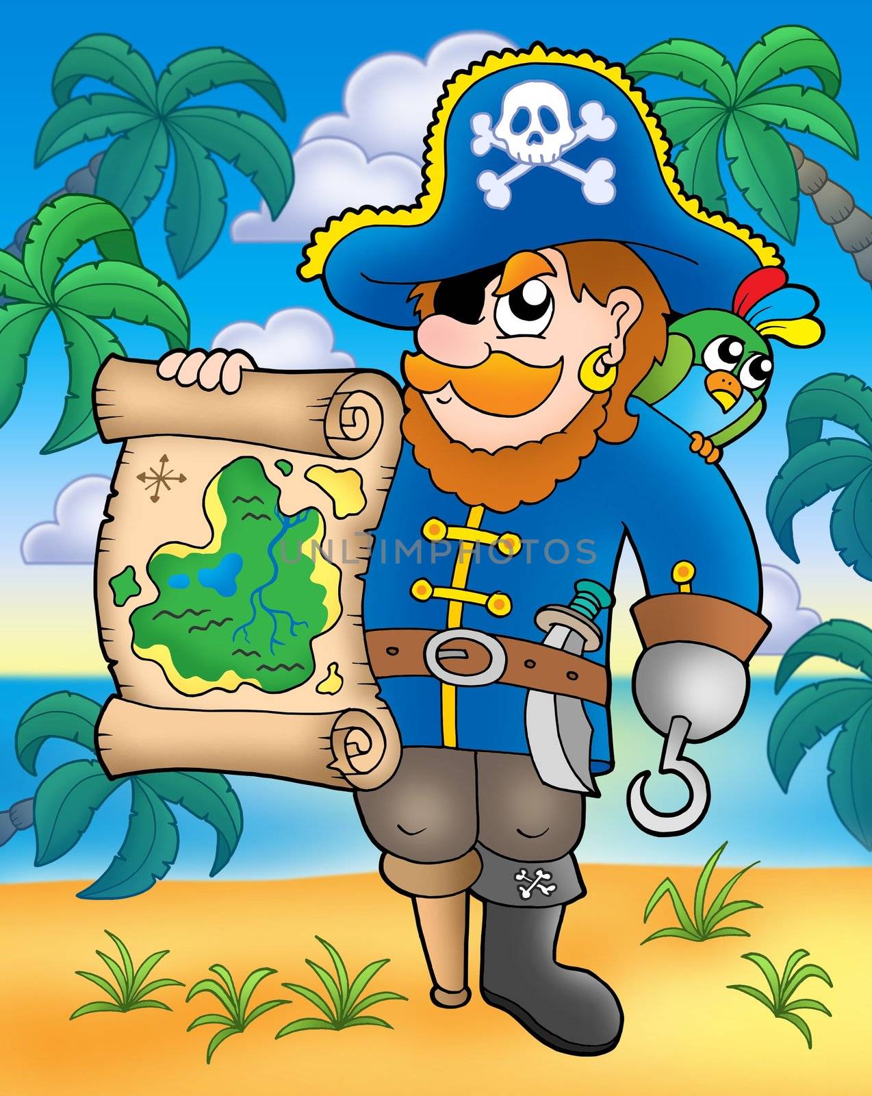 Pirate with treasure map on beach - color illustration.