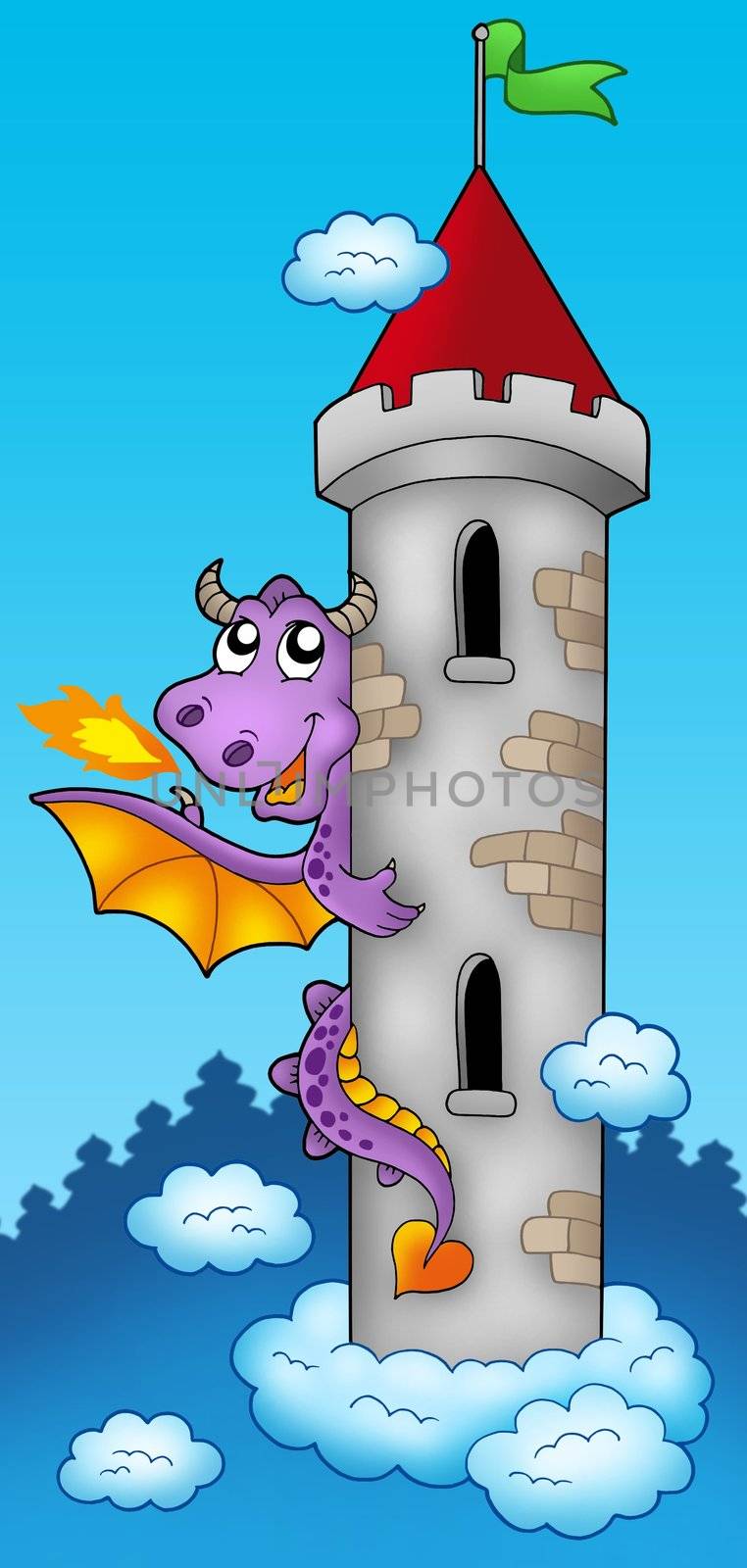 Purple dragon on castle tower - color illustration.