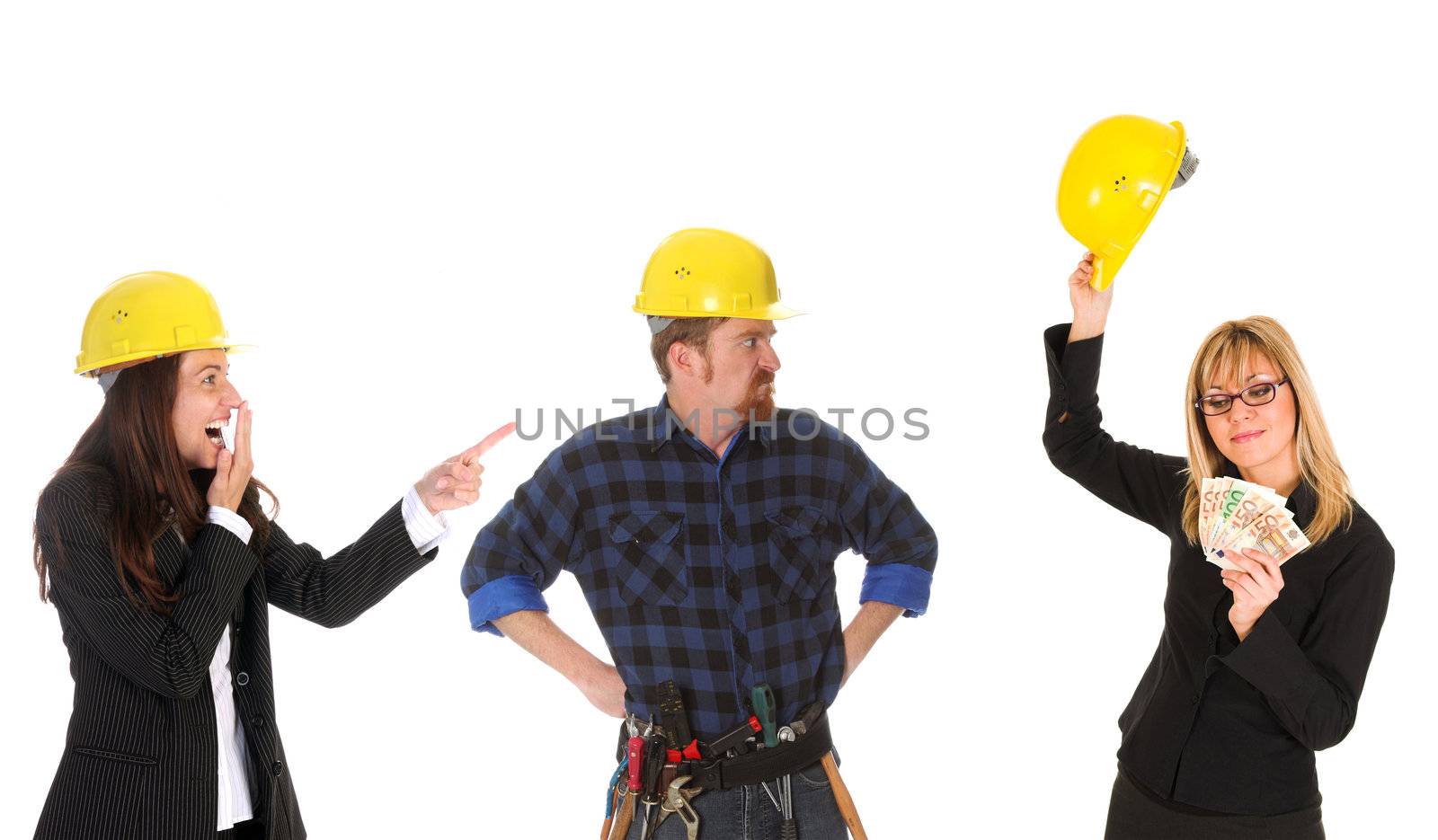 businesswoman guffaw, construction worker jealous and businesswoman with earnings