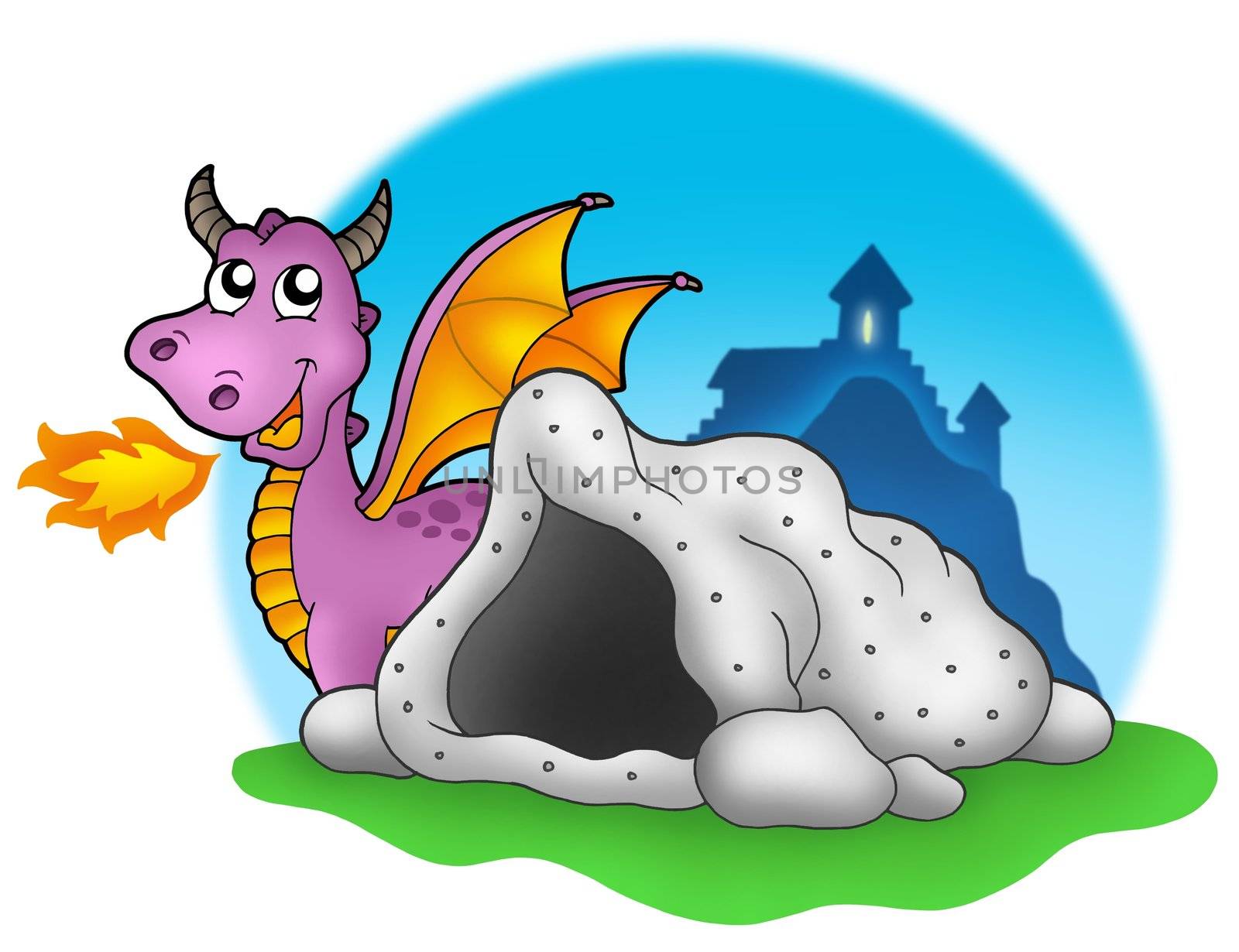 Purple dragon with cave - color illustration.