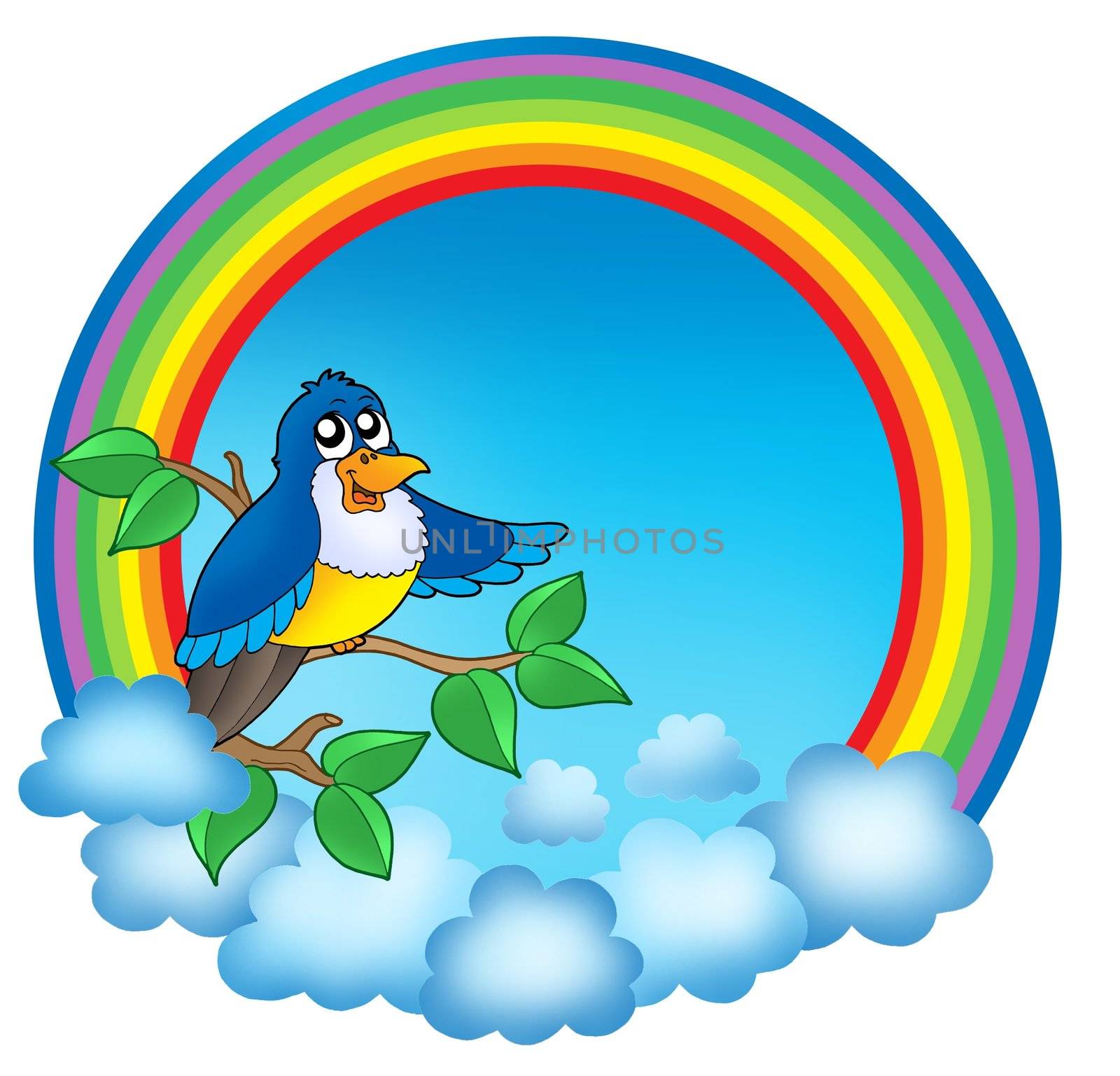 Rainbow circle with cute bird - color illustration.