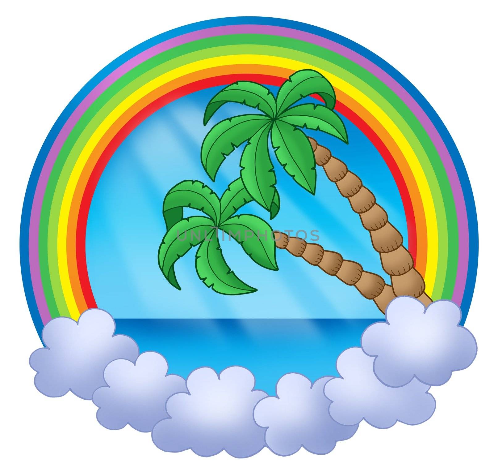 Rainbow circle with palm trees - color illustration.