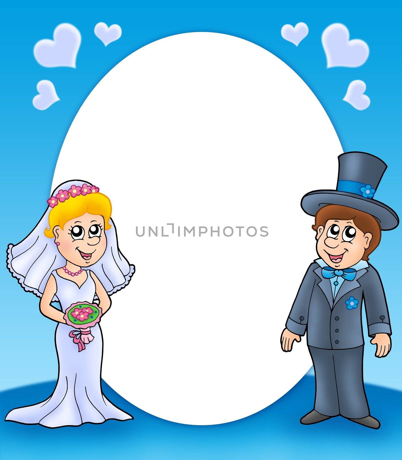 Round frame with bride and groom - color illustration.