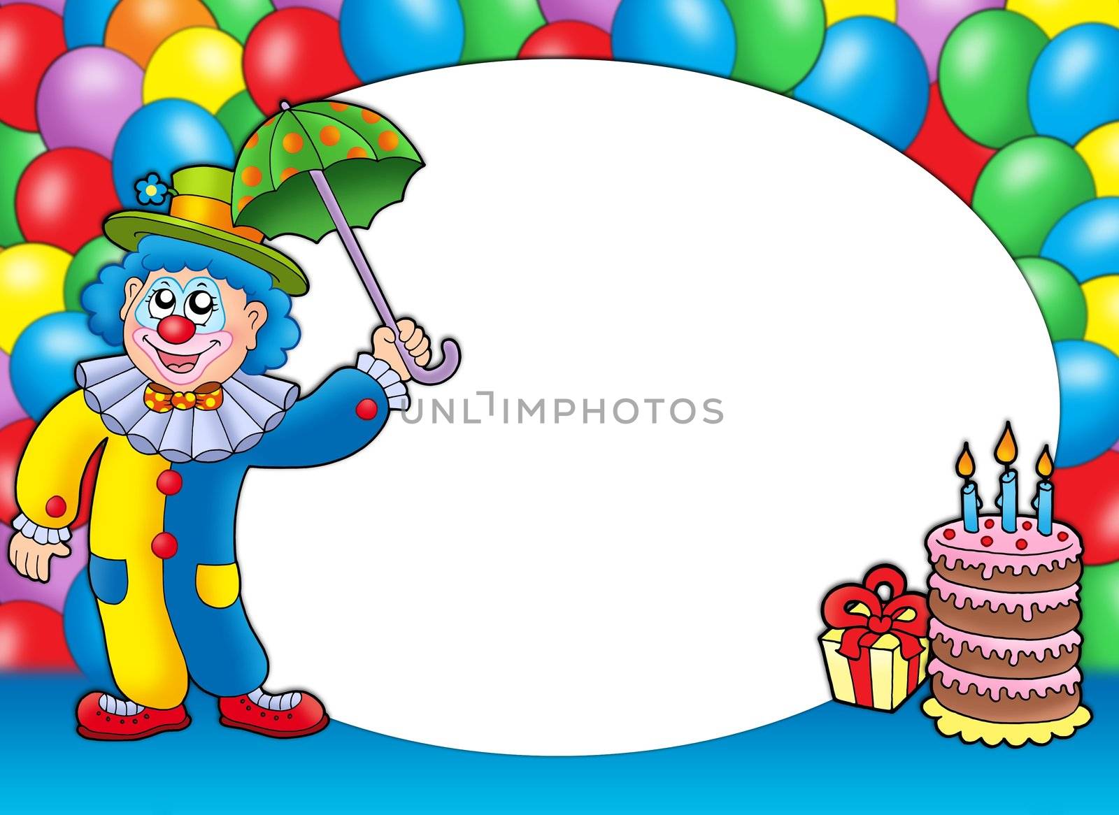 Round frame with clown and balloons - color illustration.