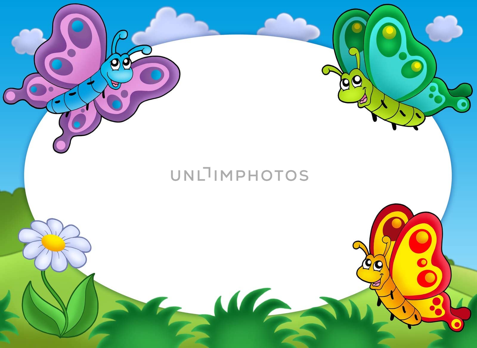 Round frame with cute butterflies - color illustration.