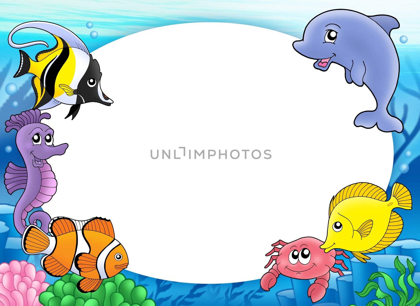 Round frame with tropical fishes - color illustration.