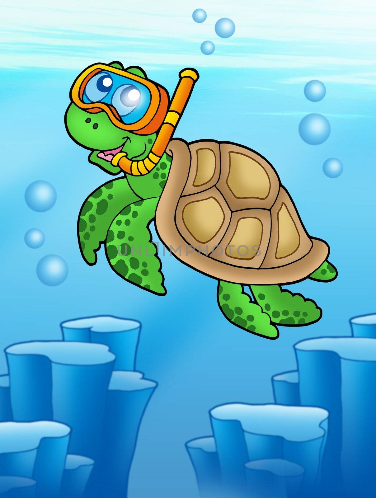 Sea turtle snorkel diver underwater - color illustration.