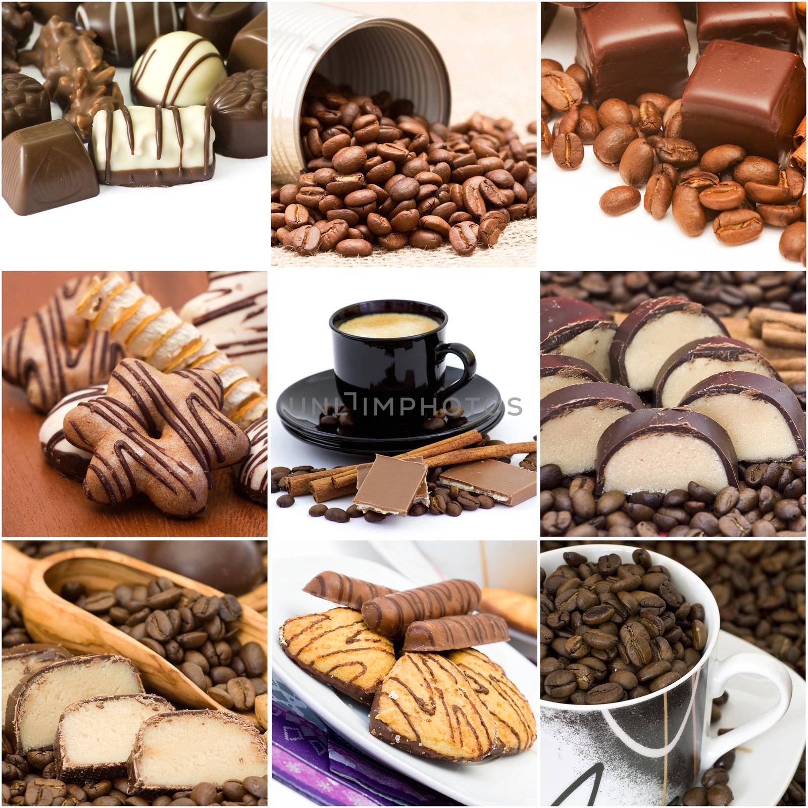 Collage with coffee, chocolate and cookies