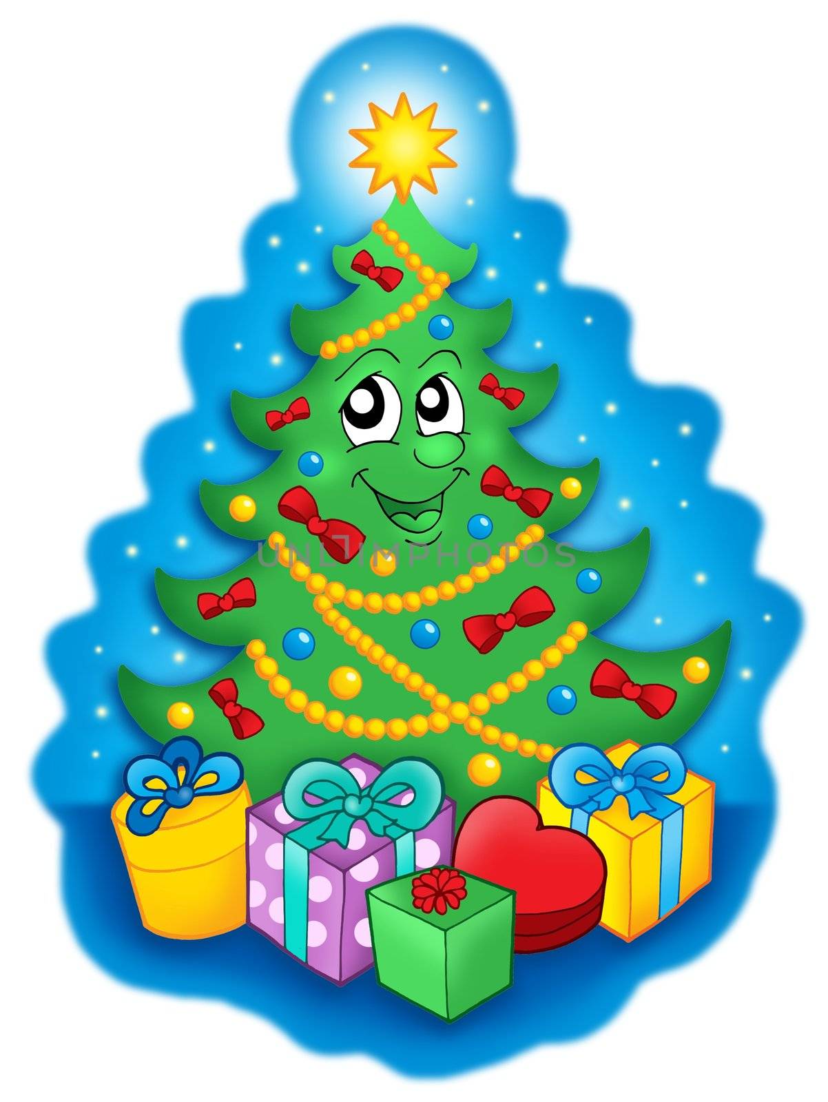 Smiling Christmas tree with gifts on blue sky by clairev