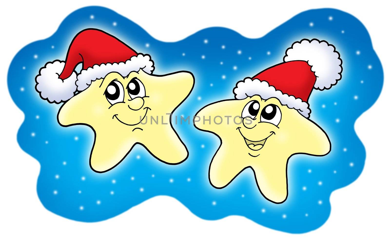 Stars in Christmas caps on blue sky by clairev