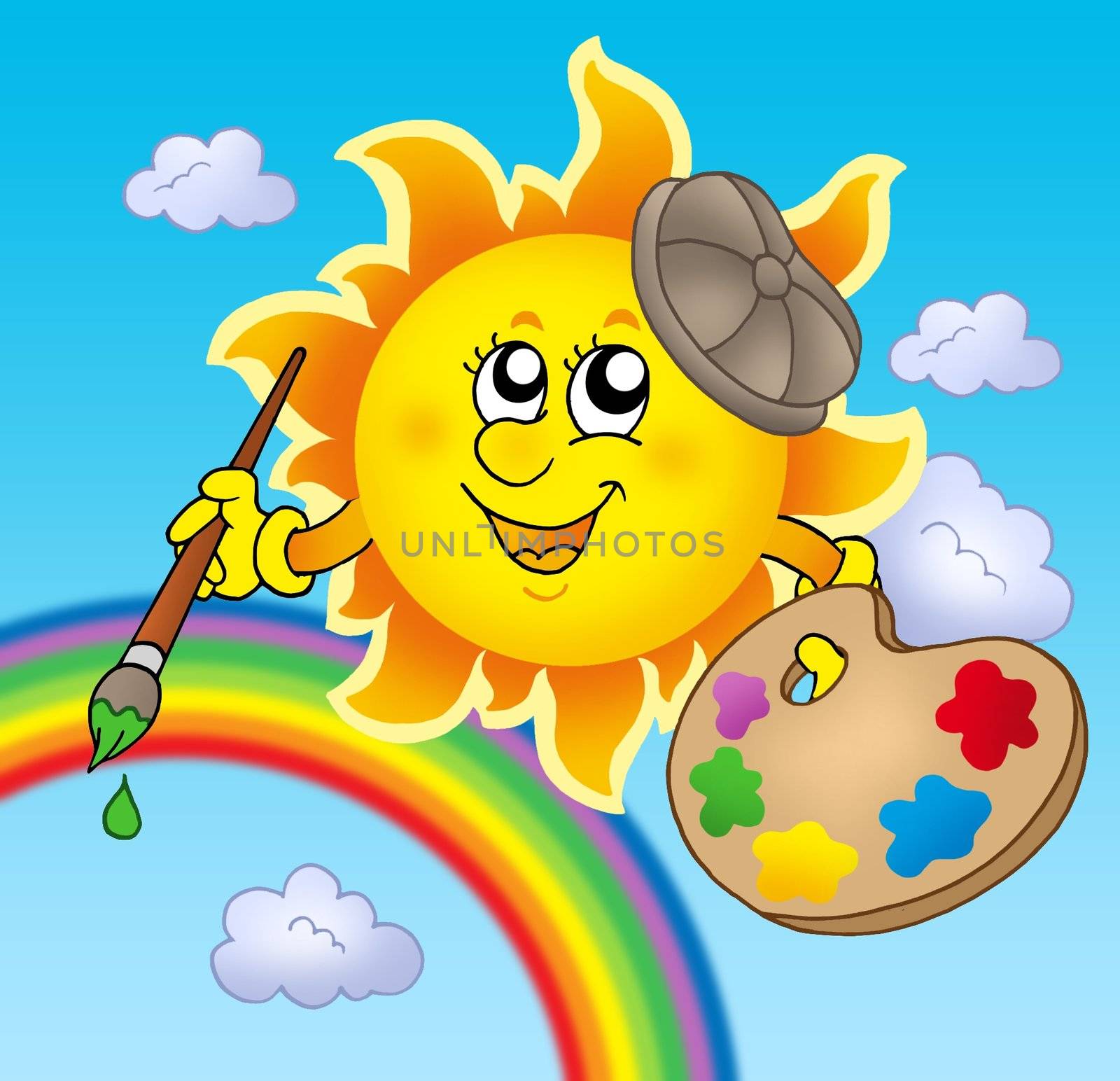 Sun artist with rainbow - color illustration.